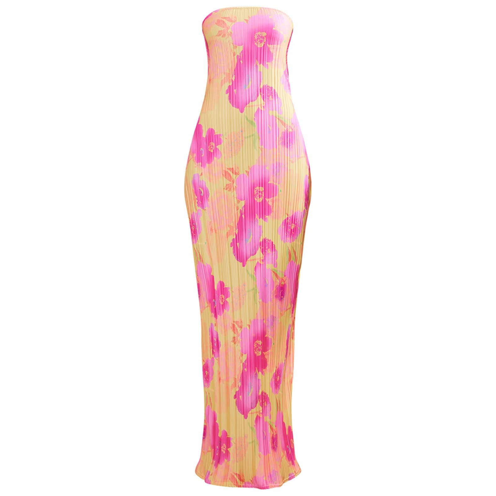 Chloefairy Women's Sexy Pleated Bandeau Maxi Tube Dress - Strapless Backless Slim Fit Floral Summer Bodycon Long Dress for Beach Party, Vacation & Night Out