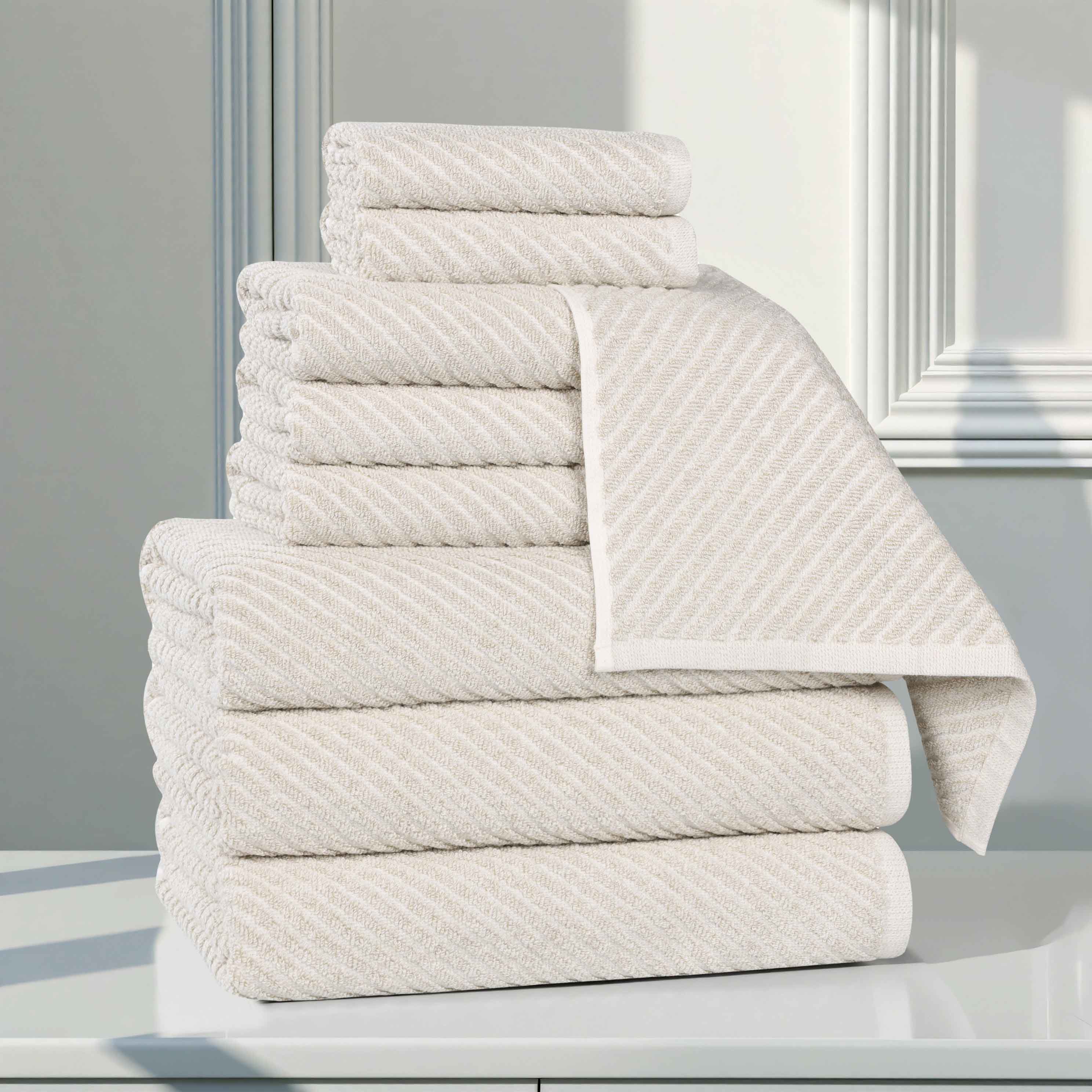 Premium 9-Piece Cotton Blend Towel Set - Soft, Absorbent & Diagonal Stripes - Perfect for Bathroom, Spa & Guest Use