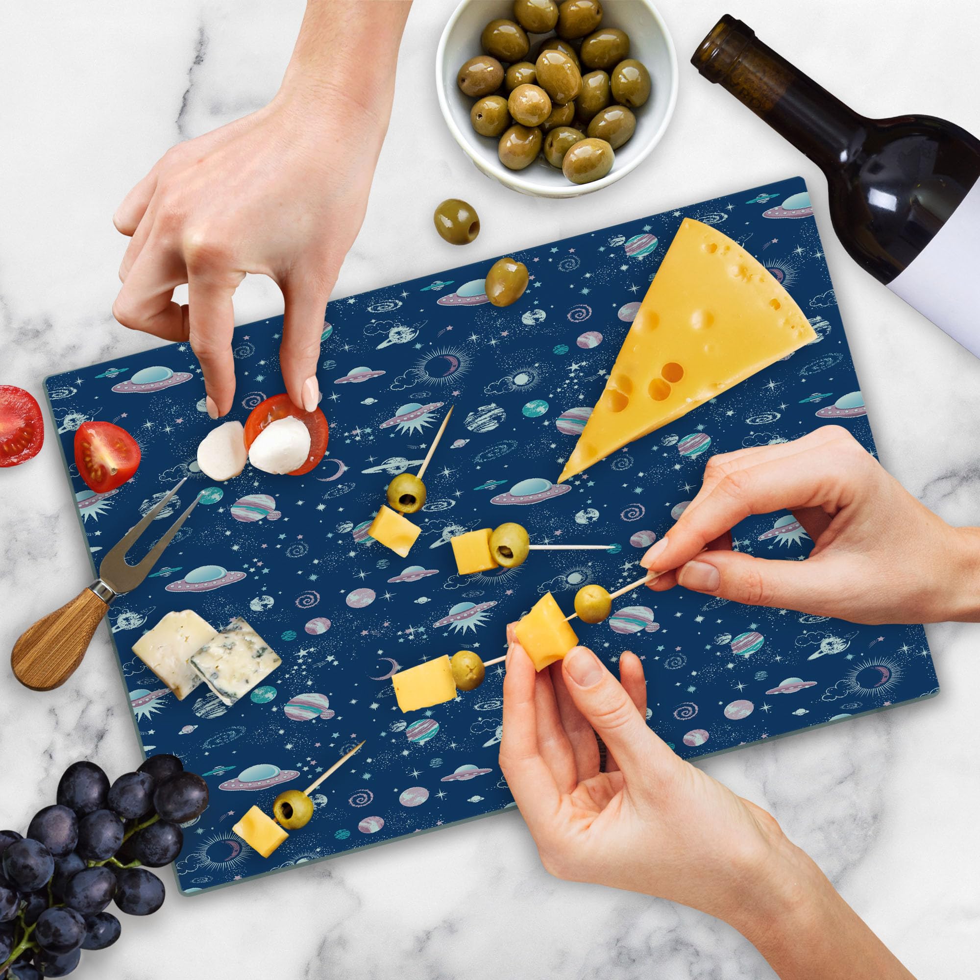 Ambesonne Blue Sky Tempered Glass Cutting Board - Abstract Saturn UFO Aliens Galaxy Planets Design - Large Decorative Serving Board for Kitchen & Dining - Perfect for Entertaining, Charcuterie & Cheese Platters