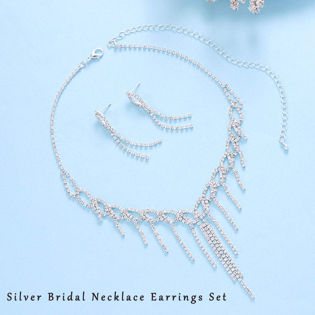 Unicra Sterling Silver Bridal Jewelry Set - Crystal Wedding Necklace & Drop Dangle Earrings for Bride & Bridesmaids | Perfect for Weddings, Prom, Anniversary & Formal Events