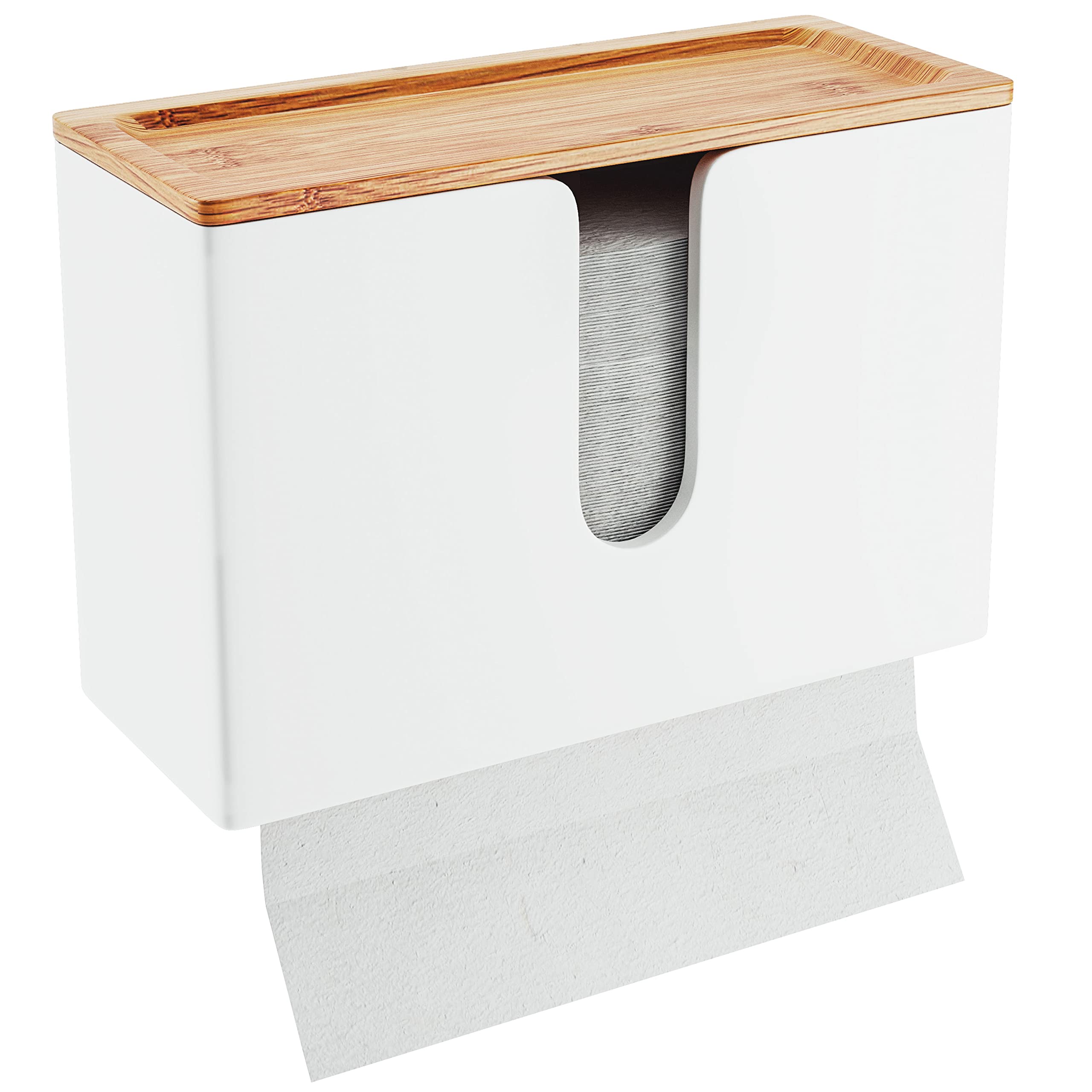 Premium Bamboo Paper Towel Dispenser - Wall Mount & Countertop Holder for C-Fold/Z-Fold/Tri-Fold Towels - Removable Top Tray for Kitchen, Bathroom & Commercial Use - Eco-Friendly White Towel Organizer - Perfect for Restaurants, Offices & Home Decor