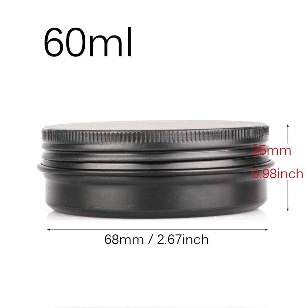 100 Pcs 60ml (60g) Empty Round Black Aluminum Tin Jars with Screw Lids - Cosmetic Containers for Lip Balm, DIY Candle, Salve, Powder Storage - Includes 3 Aluminum Spoons & 100 Labels (5cm Diameter) - Perfect for DIY Crafts, Homemade Beauty Products, and Small Item Organization