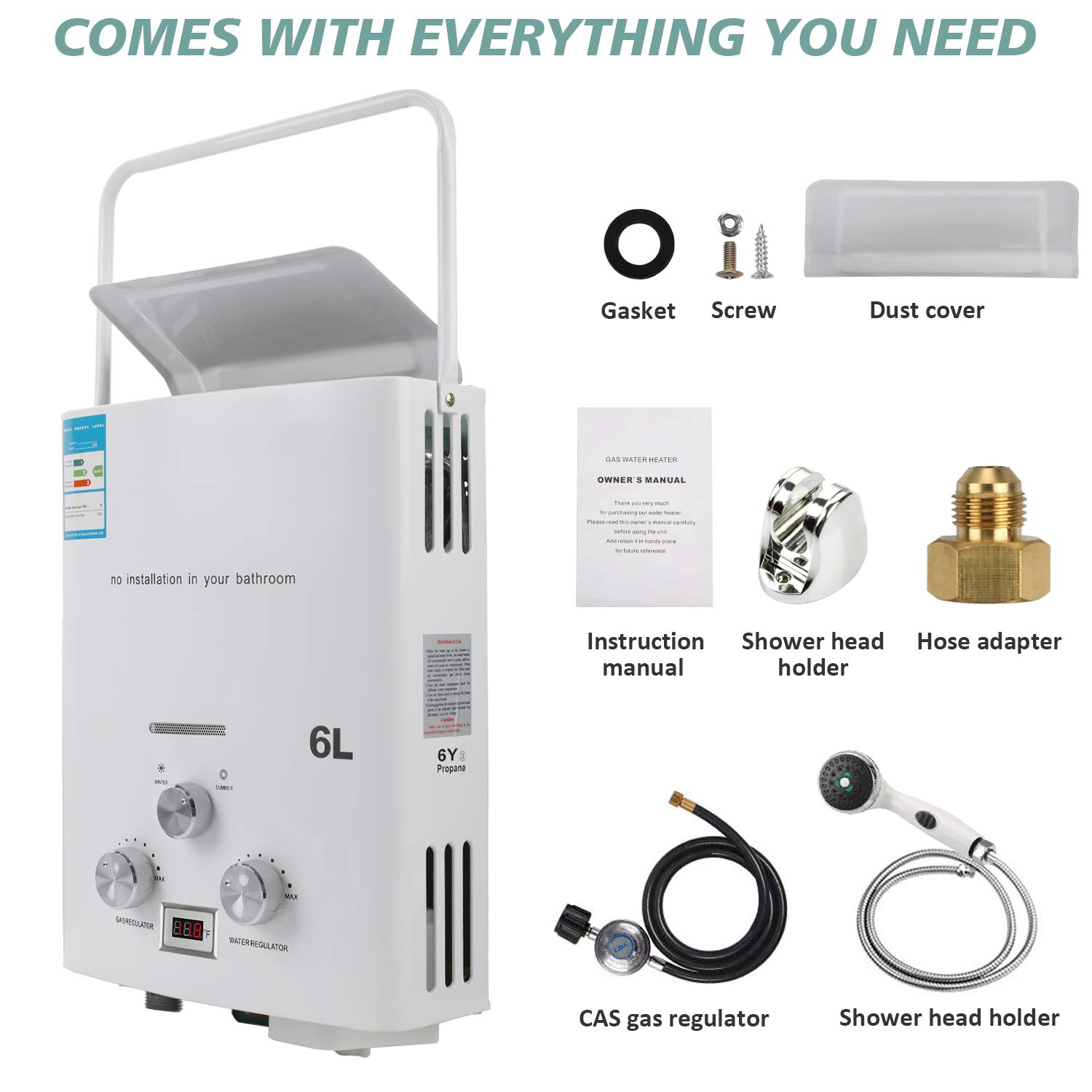 6L 1.6GPM Portable Propane Tankless Water Heater - Instant Hot Water for Camping, RV, Outdoor Showers | Overheating Protection | Perfect for Hiking, Backpacking & Off-Grid Living