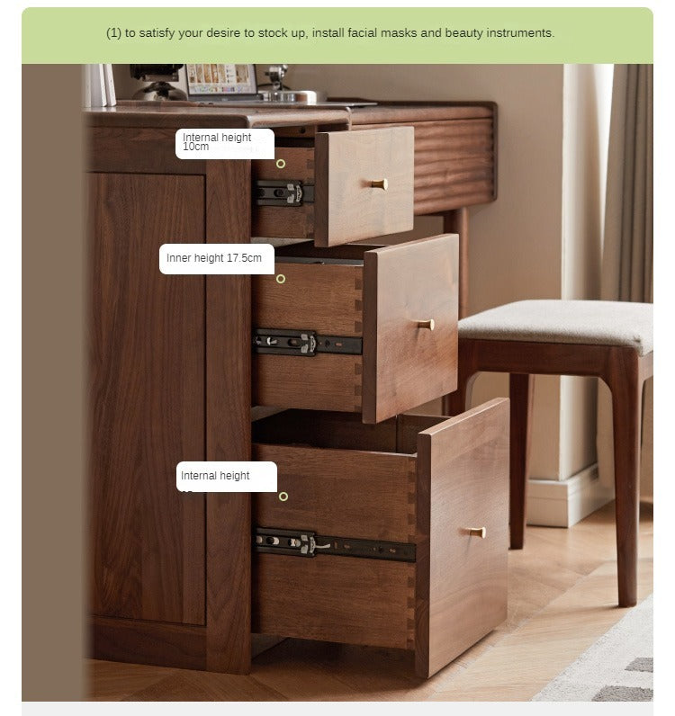 Premium Black Walnut Solid Wood Dressing Table Set with Mirror - Elegant Vanity Desk for Bedroom, Makeup & Beauty Organization