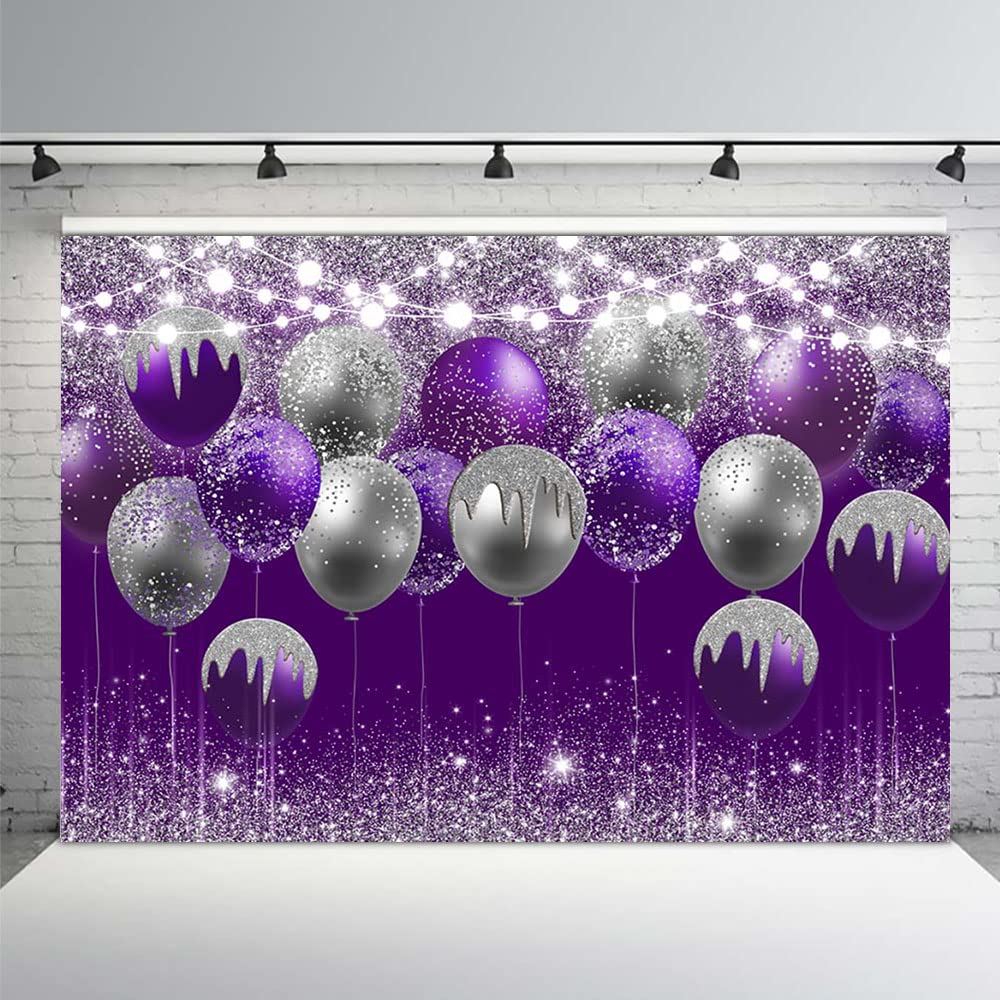 MEHOFOND 7x5ft Glitter Purple & Silver Balloon Photography Backdrop - Vinyl Background for Birthday, Wedding, Prom, Graduation Party Decor - Perfect for Cake Table, Photoshoot & Banner Displays