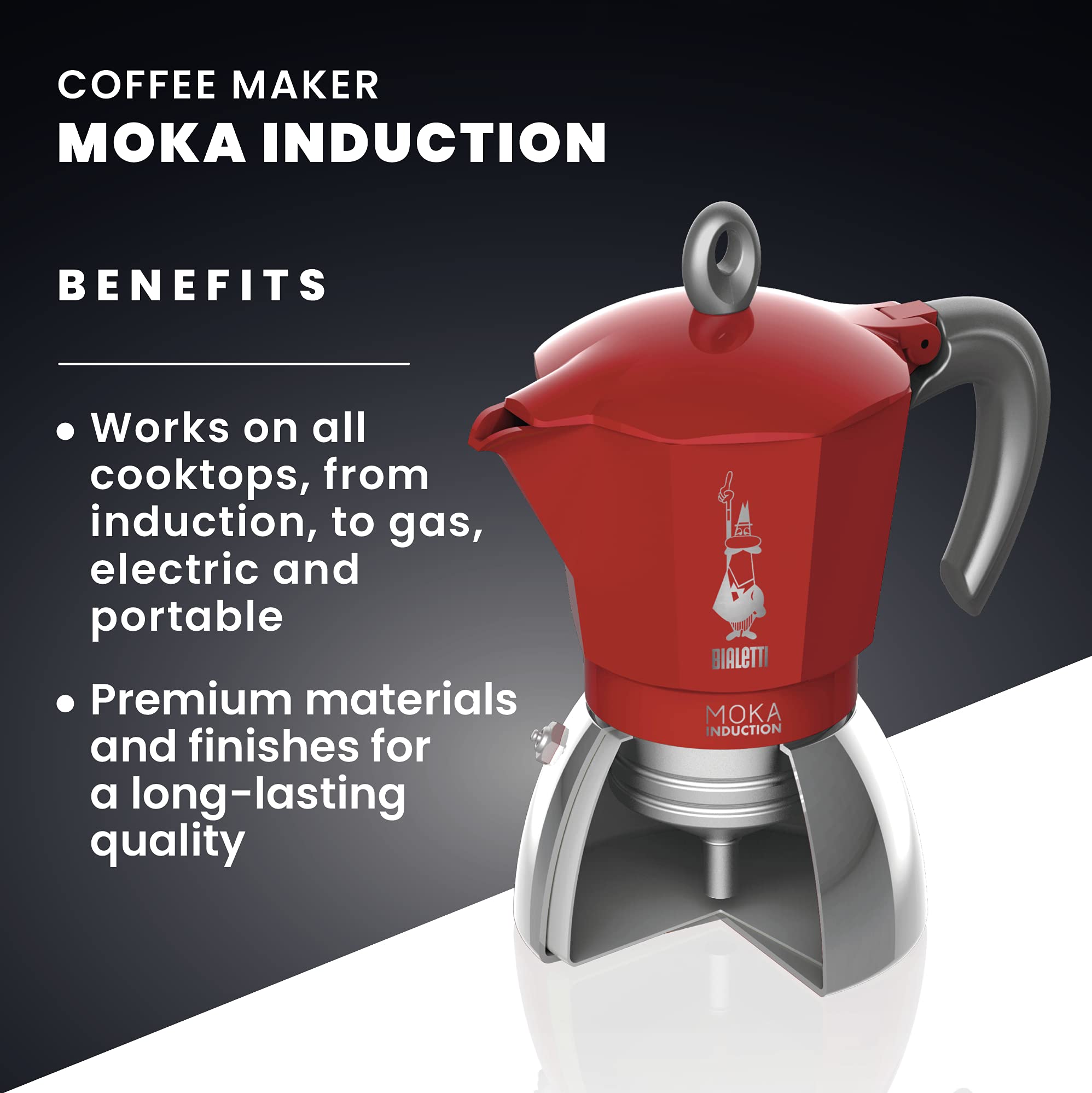 Bialetti New Moka Induction Coffee Maker - 4 Cup (150ml) Aluminum Stovetop Espresso Pot for Gas & Induction Cooktops - Italian Made Red Moka Pot for Home & Office Coffee Brewing