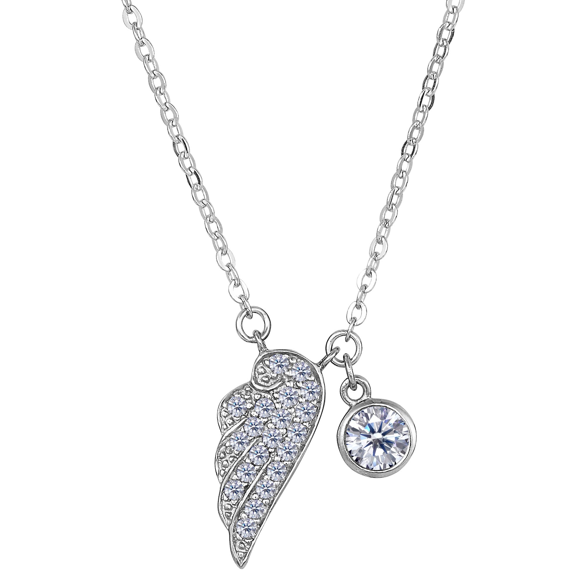 Sterling Silver CZ Angel Wing Pendant Necklace - 18