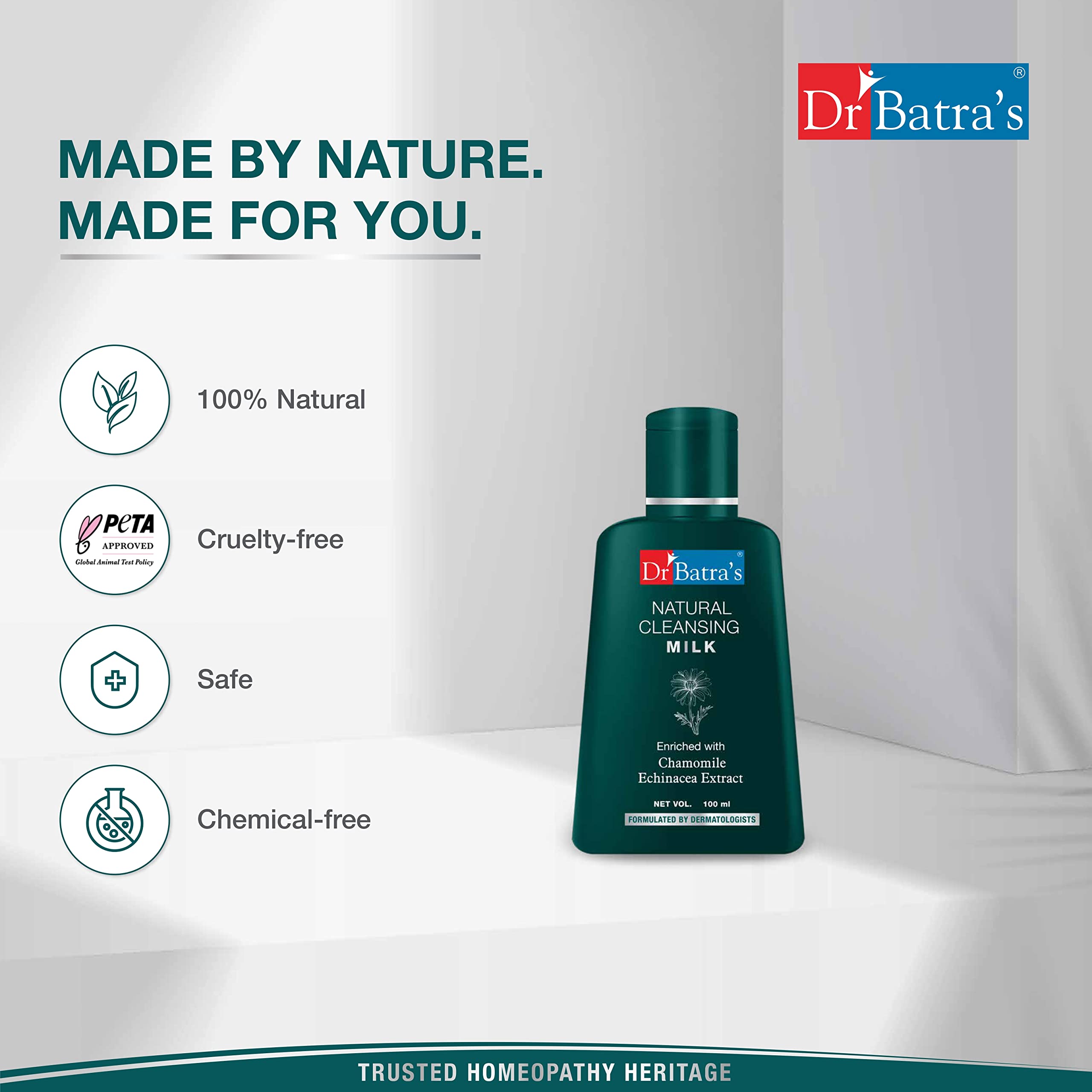 Dr Batra's Natural Cleansing Milk - 100ml | Gentle Face Wash for All Skin Types | Perfect for Daily Skincare Routine & Makeup Removal