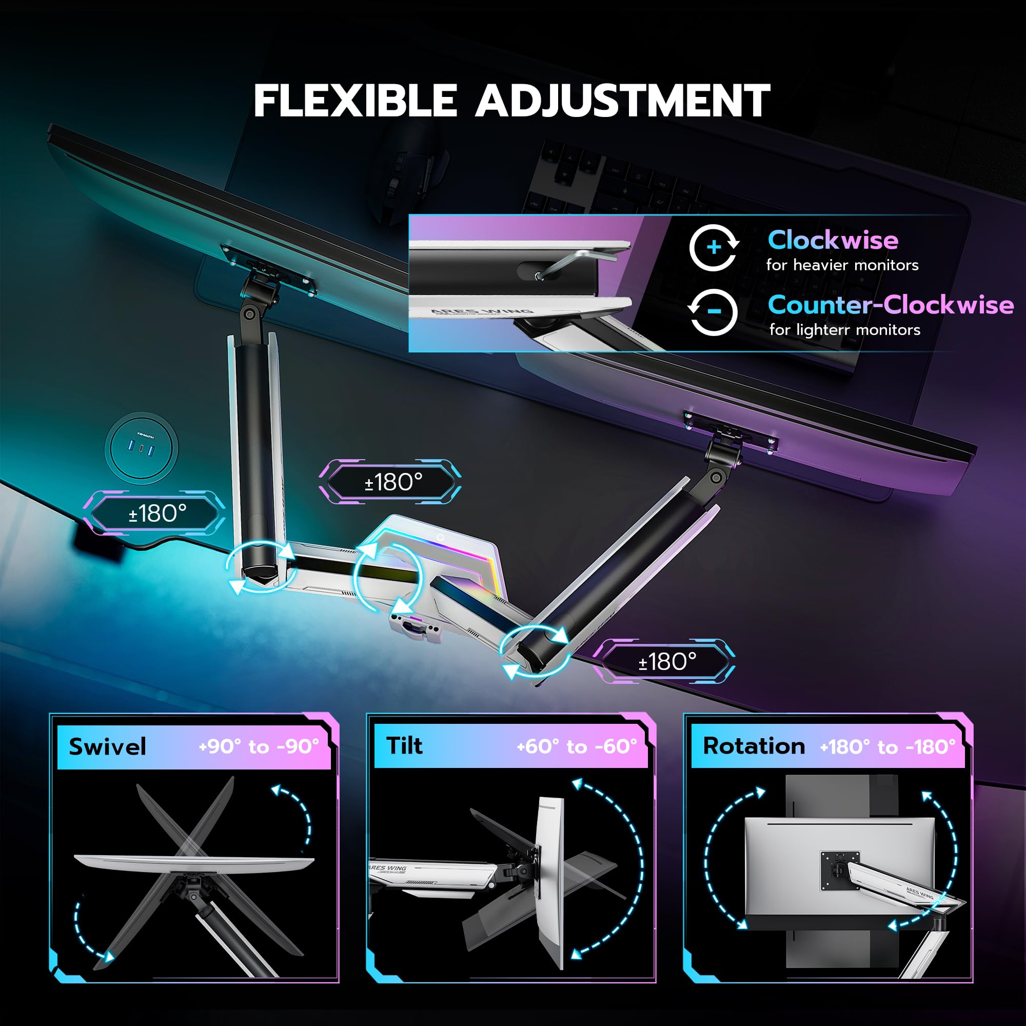 ARES WING RGB Dual Monitor Arm Stand for 17-38