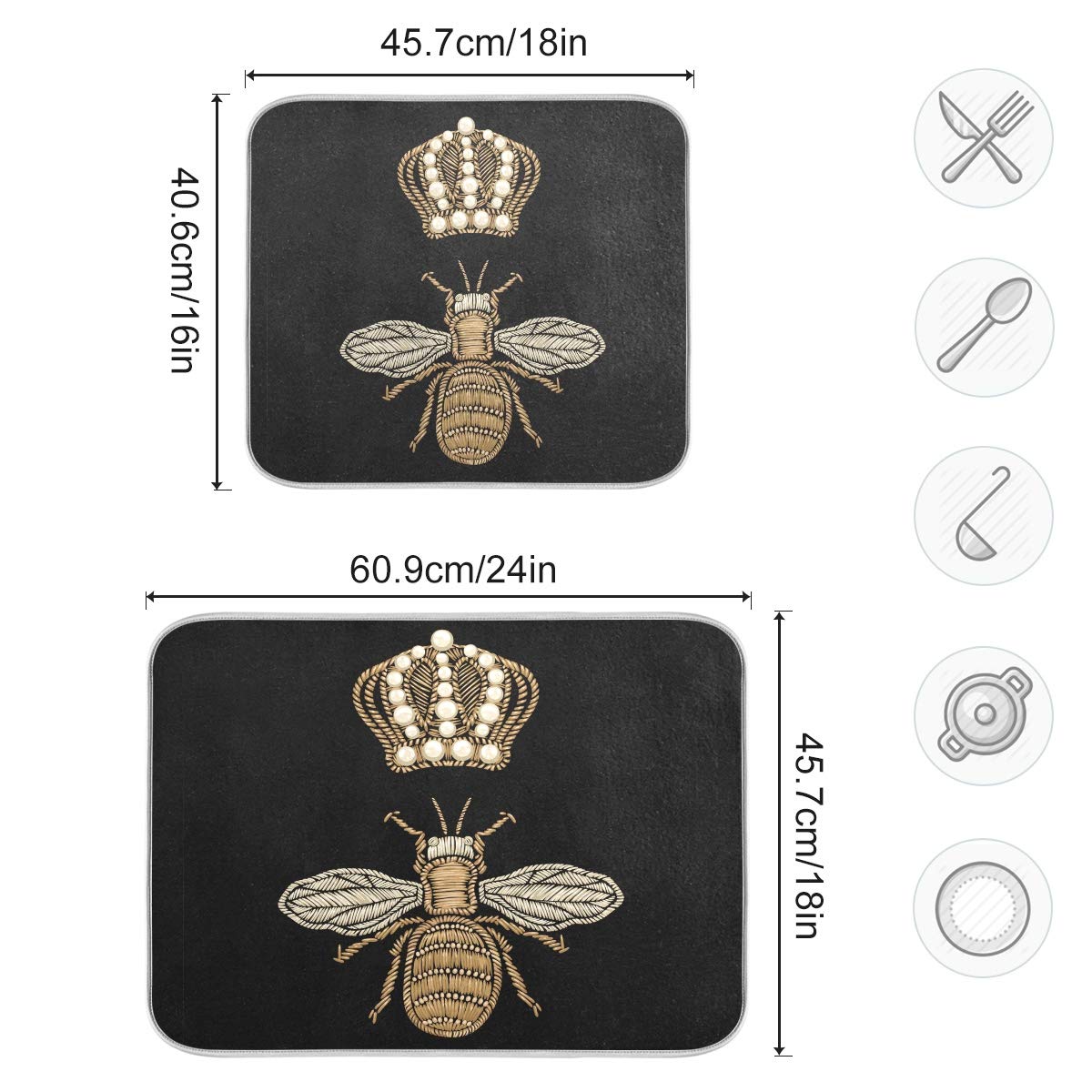 Susiyo Super Absorbent Microfiber Dish Drying Mat with Gold Bee & Crown Design - Heat-Resistant Kitchen Counter Mat (18x24 Inch) - Perfect for Drying Dishes, Protecting Countertops & Organizing Kitchen