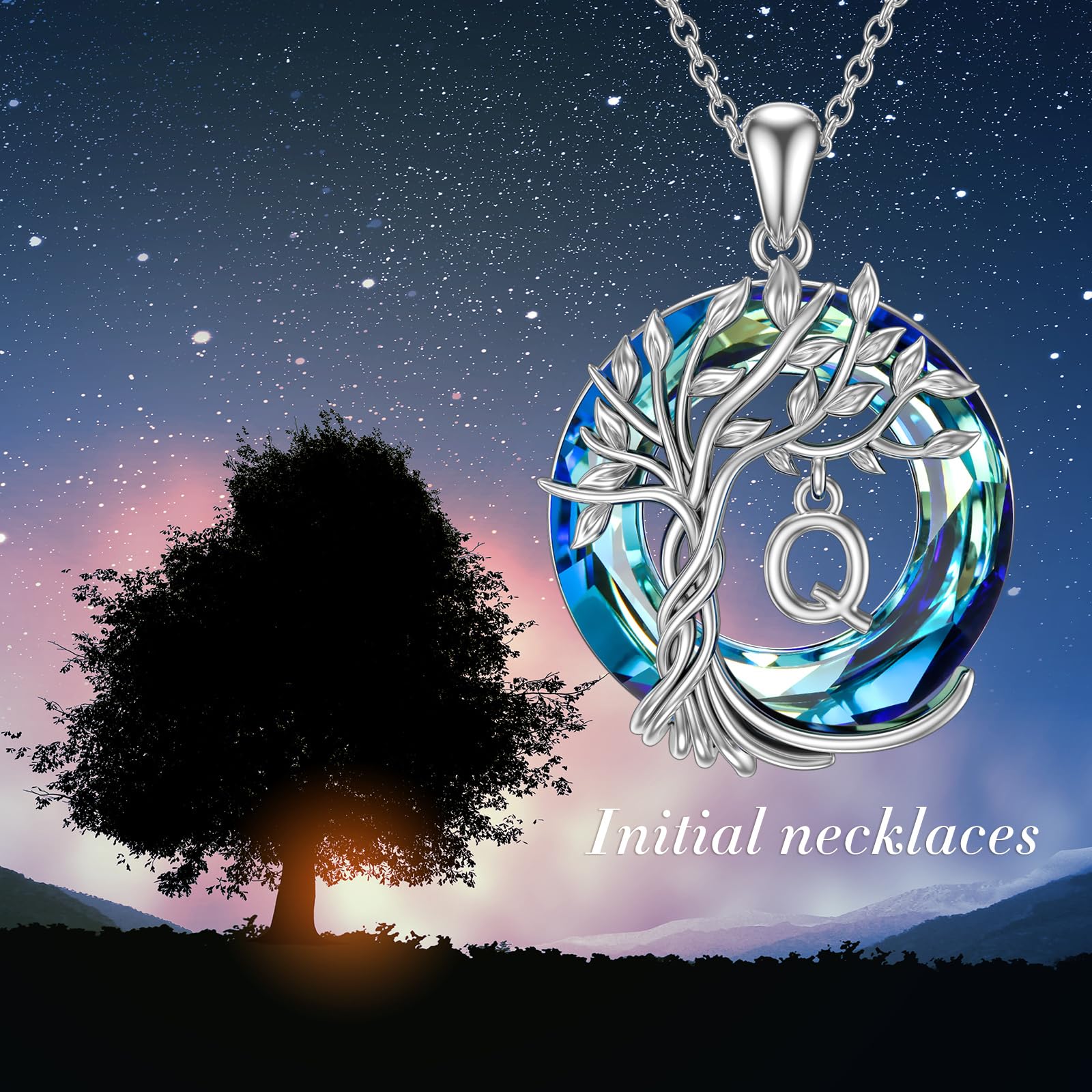 TOUPOP Sterling Silver Tree of Life Initial Necklace - Personalized Letter Pendant with Blue Crystal, 925 Silver Jewelry for Women - Perfect Birthday Gift, Mother's Day Present, Anniversary Keepsake for Her (Great for Everyday Wear, Special Occasions & Sentimental Gifting)