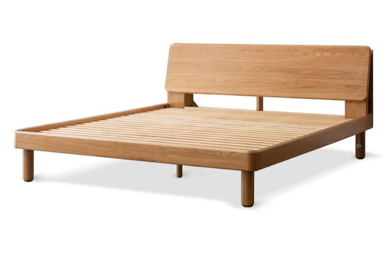 Solid Oak Wood Platform Bed with Bookshelf Headboard - Modern Bedroom Furniture for Small Spaces & Cozy Reading Nook