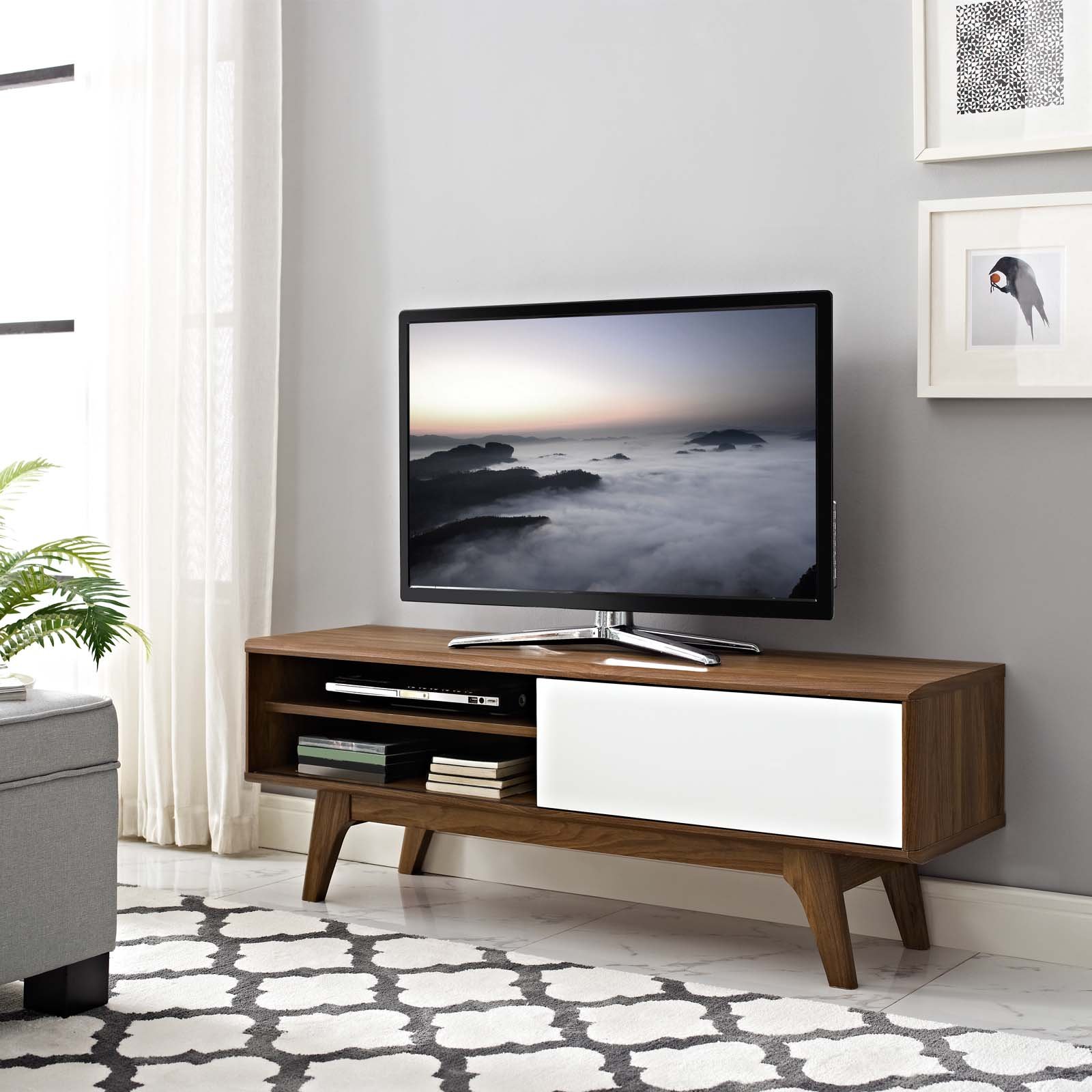 Modern Contemporary TV Stand Console Table - Wooden Living Room Media Center with Natural Brown & White Finish - Perfect for Lounge, Club, Lobby & Home Entertainment Setup