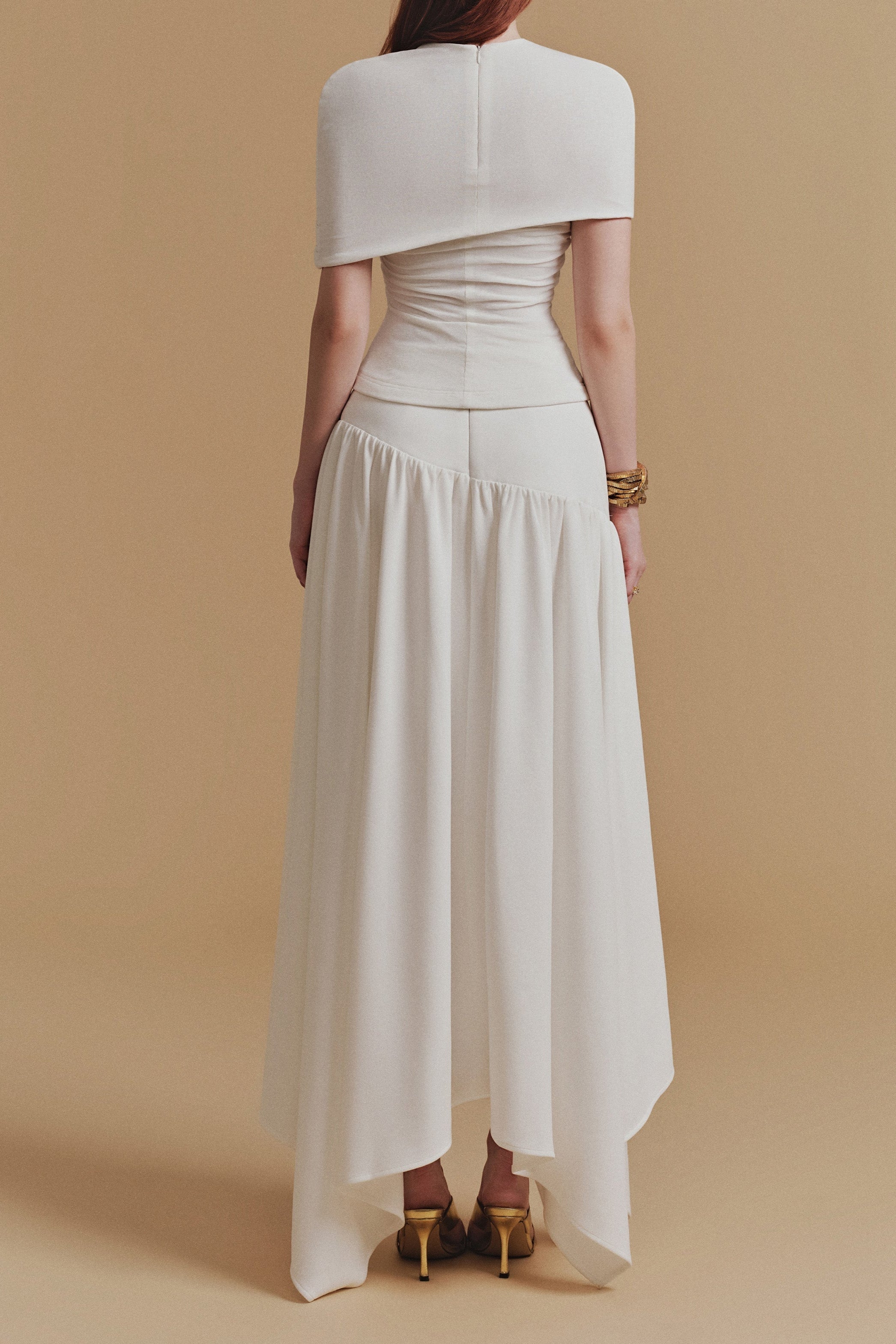 CASSIA Women's Asymmetrical Ruched Top and Midi Skirt Set in White | Elegant Two-Piece Outfit for Party, Date Night & Special Occasions