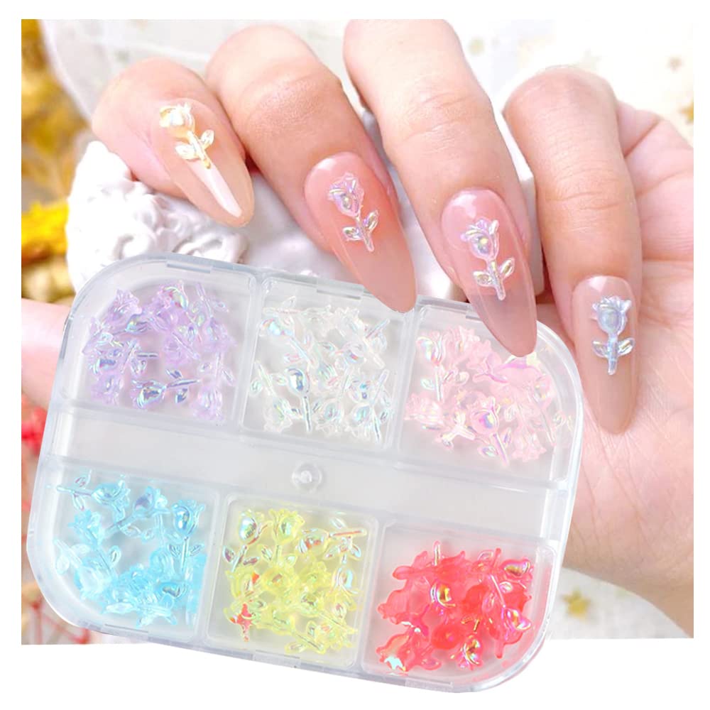 60 PCS 3D Aurora Resin Rose Nail Charms - Colorful Flower Nail Art Decorations & Rivet Set for DIY Nail Designs - Perfect for Bridal, Party, Salon & Home Manicure