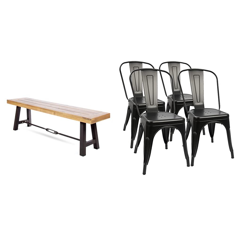 Christopher Knight Home Catriona Outdoor Acacia Wood Bench & Furmax 4-Piece Metal Dining Chair Set - 18
