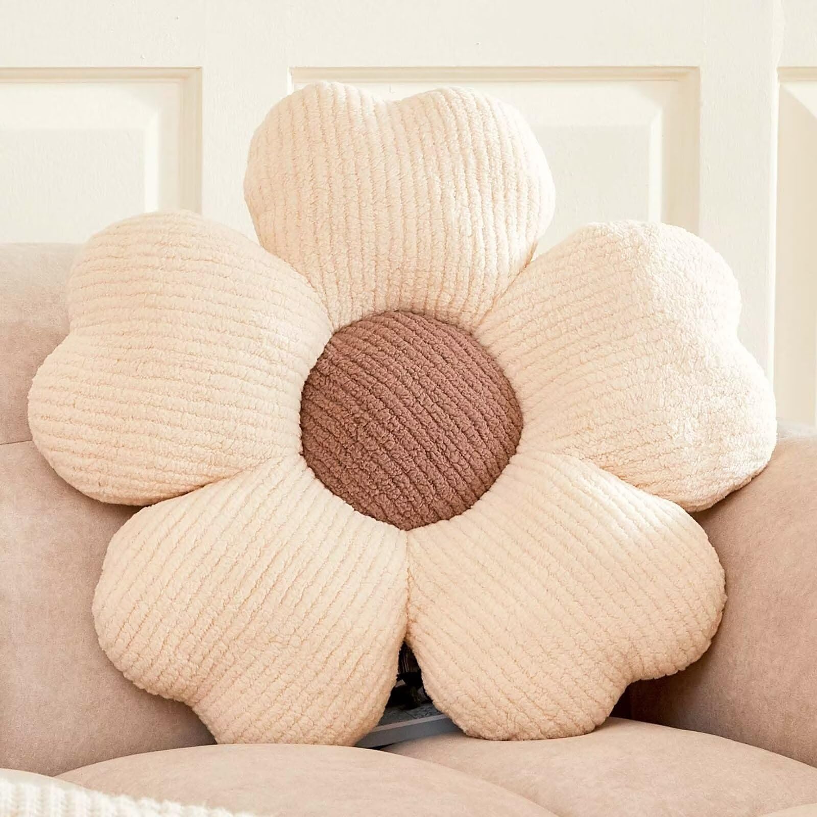 Soft Daisy Flower Throw Pillow - 19.6 Inch Decorative Cushion for Bed, Couch & Floor Seating (Ivory+Brown) | Boho Home Decor, Living Room Accent, Nursery Pillow