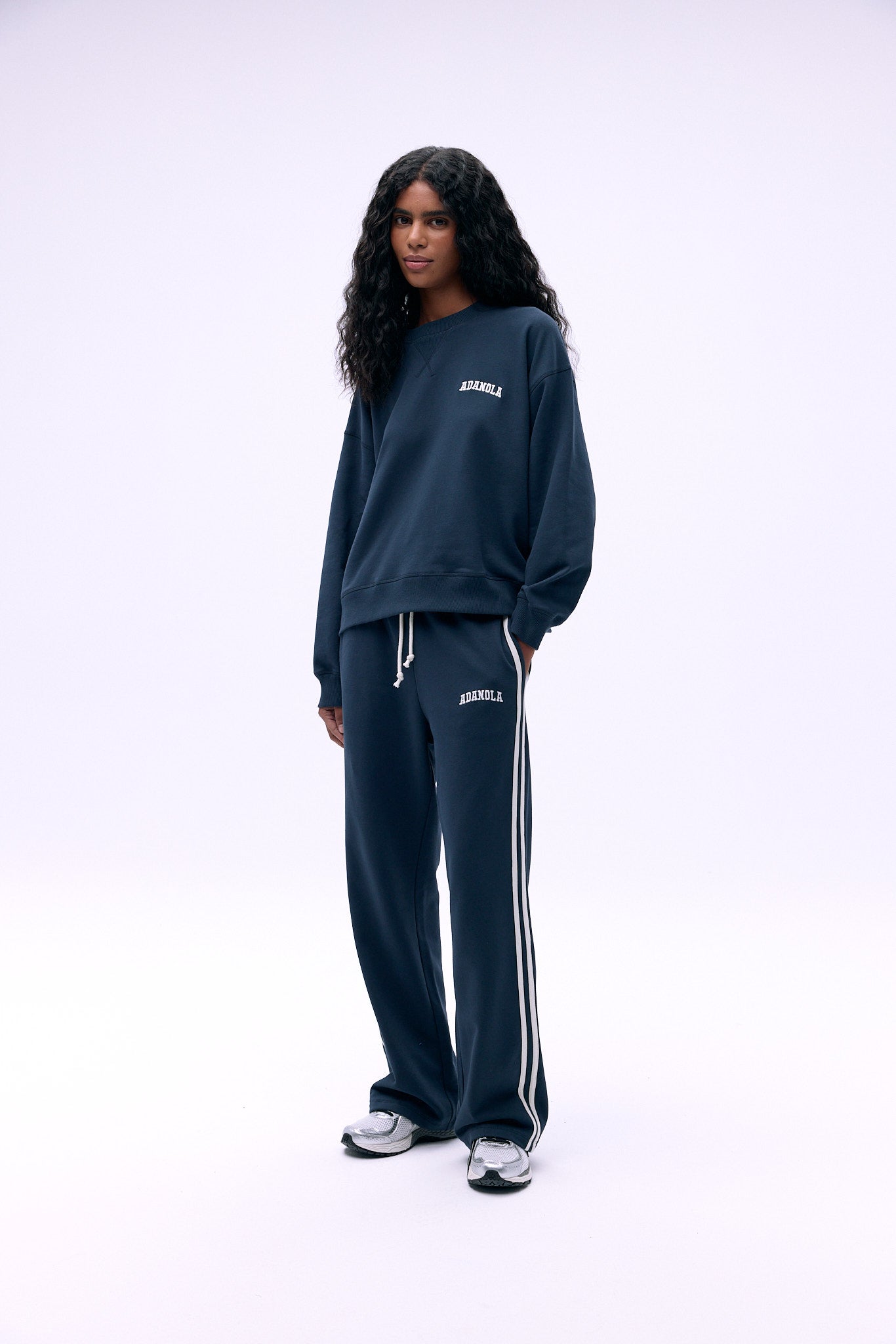 Varsity Loose Fit Sweatshirt for Men & Women | Comfortable Cotton Pullover Hoodie in Midnight Blue/Marshmallow White | Casual Wear, College Style, Street Fashion
