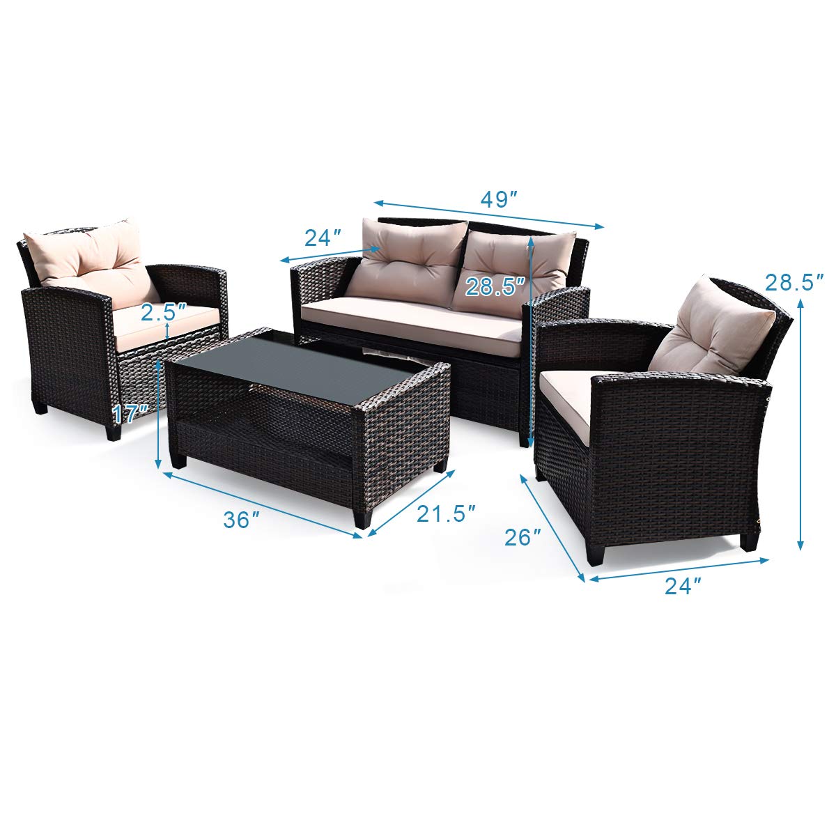 Tangkula 4-Piece Outdoor Patio Furniture Set - Rattan Wicker Chair Set with 1 Loveseat, 2 Single Sofas & Tempered Glass Coffee Table - Perfect for Backyard, Porch, Garden, Poolside & Outdoor Entertaining