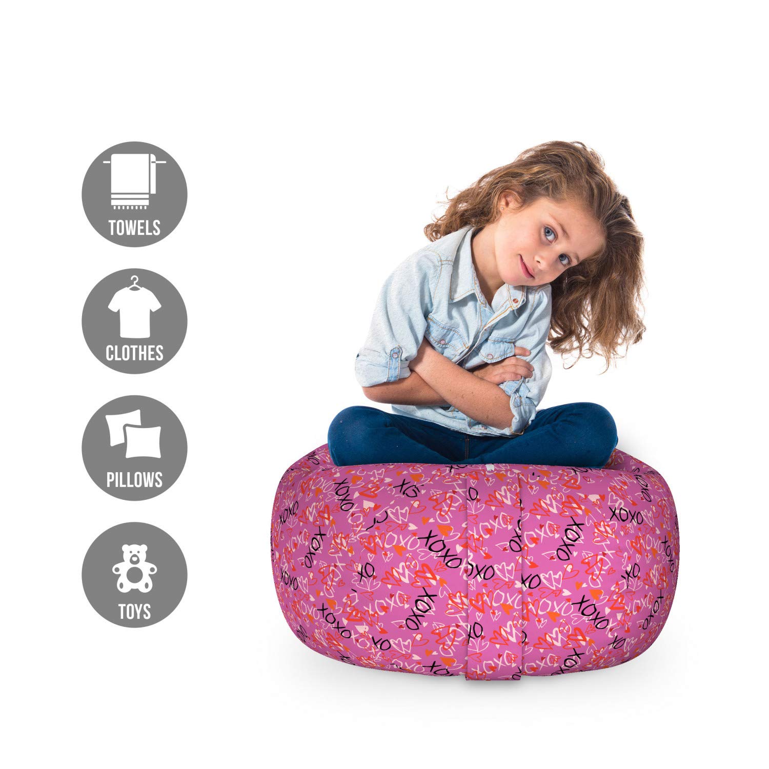 Ambesonne XOXO Storage Toy Bag Chair - Hearts & Kisses Themed Stuffed Animal Organizer, Washable Small Size in Pink Vermilion - Perfect for Kids' Room, Nursery, or Playroom Organization