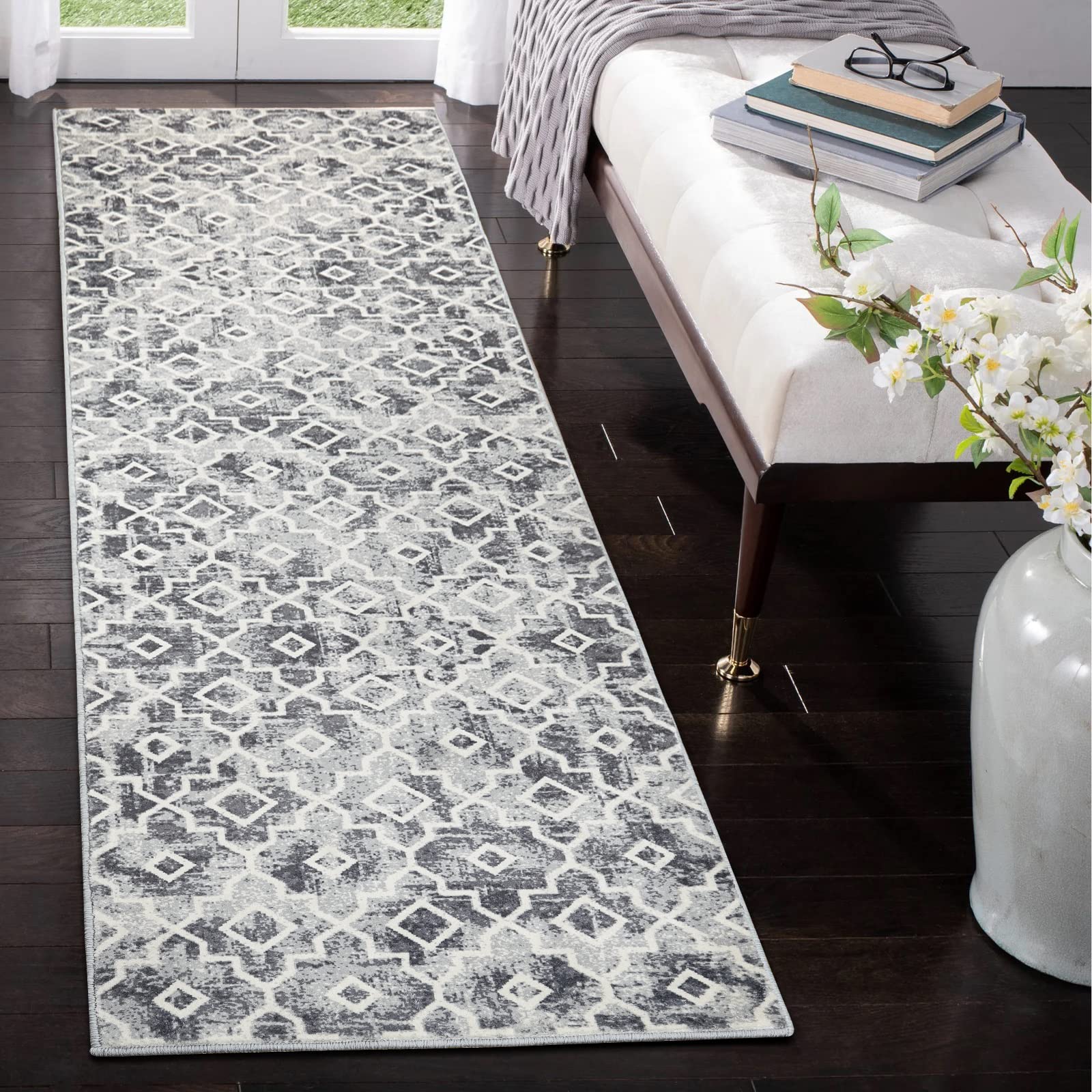 Wonnitar Moroccan Washable Runner Rug 2x7 Feet - Non-Slip Hallway, Bathroom & Kitchen Rug - Distressed Modern Geometric Trellis Design - Machine Washable Floor Carpet for Entryway, Dorm & Home Decor (Silver Grey, 2'x7') - Perfect for High Traffic Areas & Boho Chic Interiors