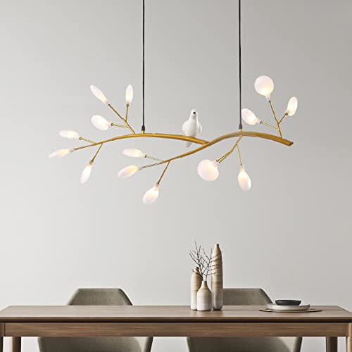 LITFAD Modern Acrylic Tree Branch Island Light Fixture - 15 LED Lights Gold Hanging Chandelier with Bird Decor for Dining Room, Restaurant, Bedroom | Nordic Style Ceiling Light for Home Decor, Wedding Venue & Cafe Lighting