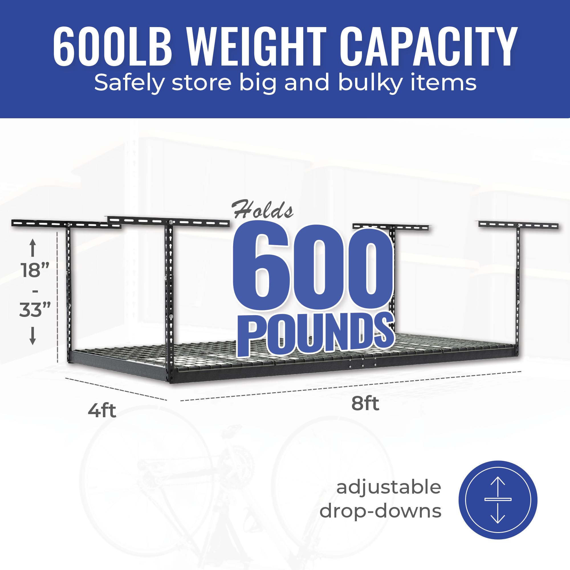Heavy Duty Overhead Garage Storage Rack - 600 lb Capacity Ceiling Mount Organizer, Adjustable 4x8 Hammertone Shelf (18