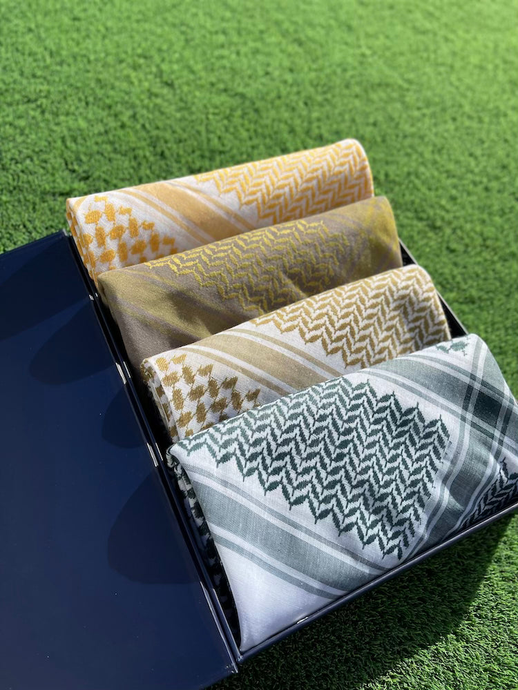 Golden Meadow Collection 4-Piece Keffiyeh Scarf Set - Limited Edition Arab Head Wrap for Men & Women - Perfect for Outdoor Adventures, Cultural Events and Fashion Statements