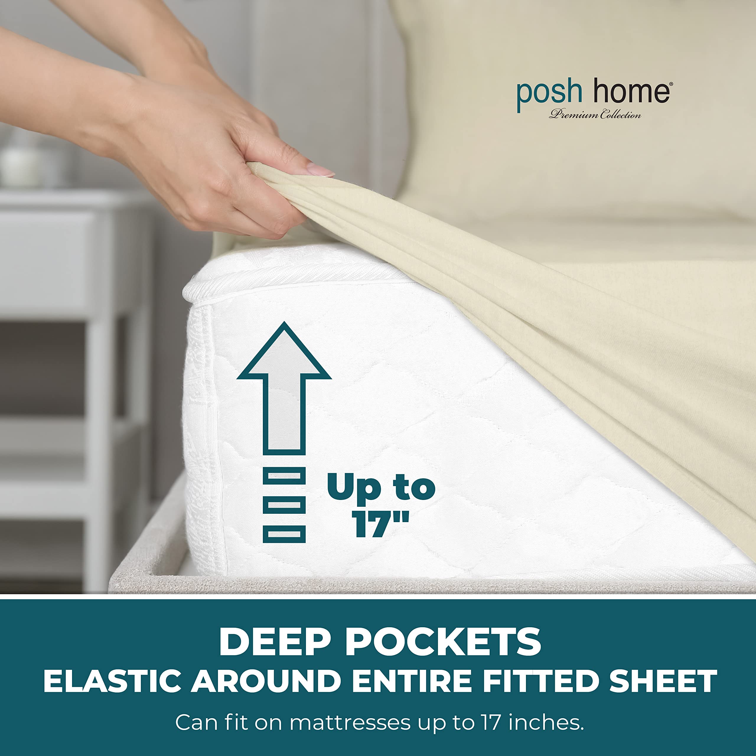 Posh Home Jersey Knit Sheet Set - 4-Piece Soft & Breathable Cotton Jersey Bed Sheets - Includes Flat Sheet, Fitted Sheet & 2 Pillowcases - Full Size Cream Jersey Sheets for Comfortable Sleep & Cozy Bedroom Decor