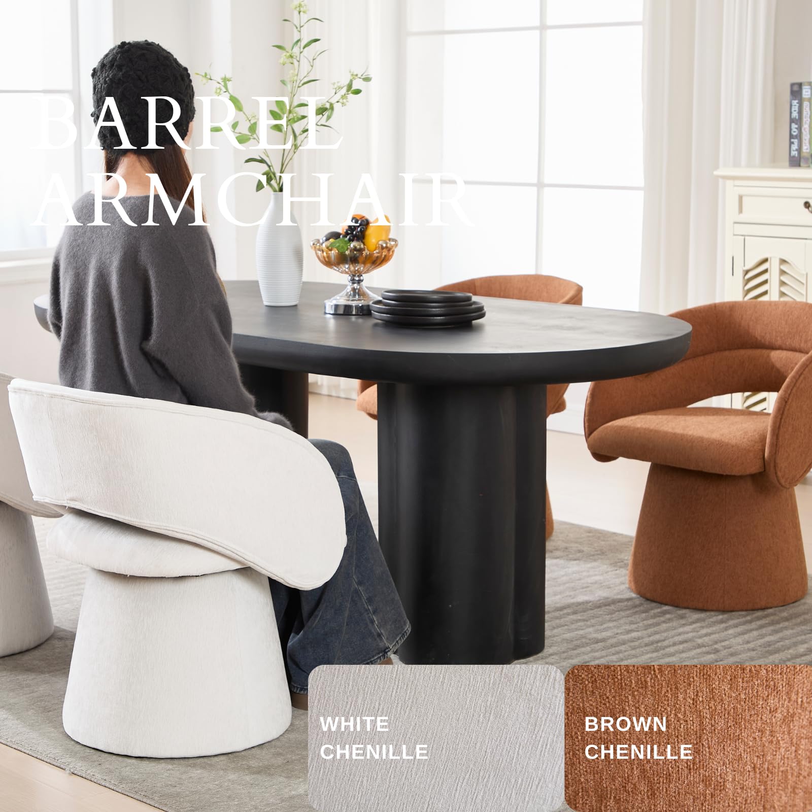 Guyou Modern Swivel Barrel Dining Chairs Set of 4 - Upholstered Accent Chairs with Hollow Barrel Back, White Chenille Fabric for Dining Room, Living Room, Bedroom & Vanity | Perfect for Home Decor, Entertaining Guests & Cozy Seating