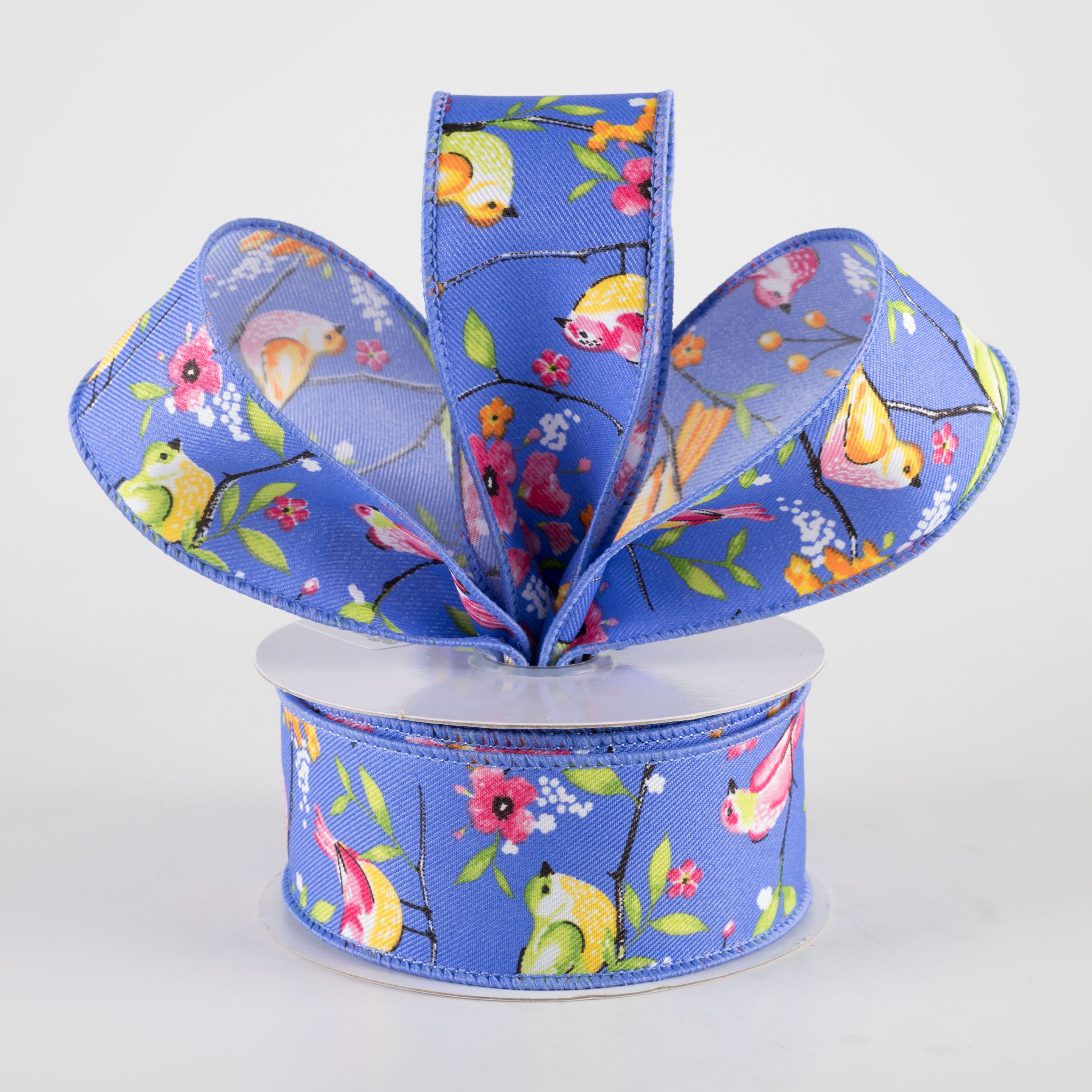 1.5 Inch Floral Branch Bird Ribbon - Medium Blue, Pink, Orange (10 Yards) - Perfect for Gift Wrapping, DIY Crafts, Wedding Decorations, and Scrapbooking