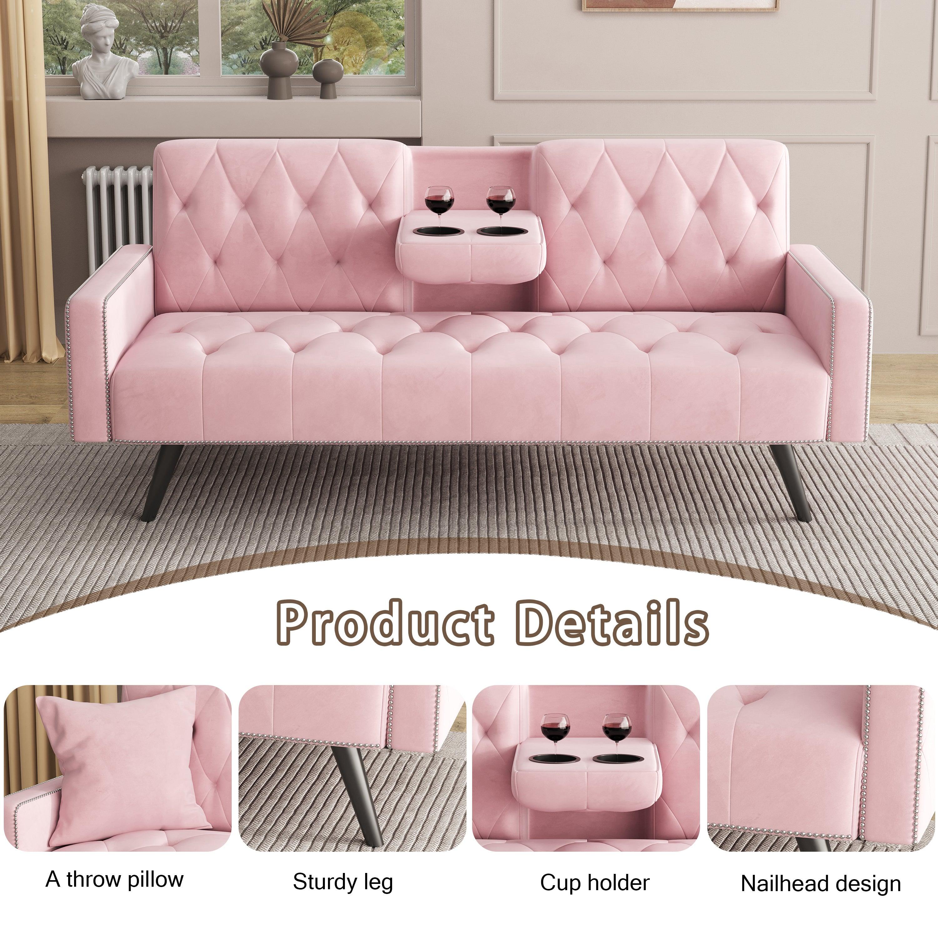 1730 Pink Velvet Sofa Bed with Nail Head Trim & Cup Holders - 72
