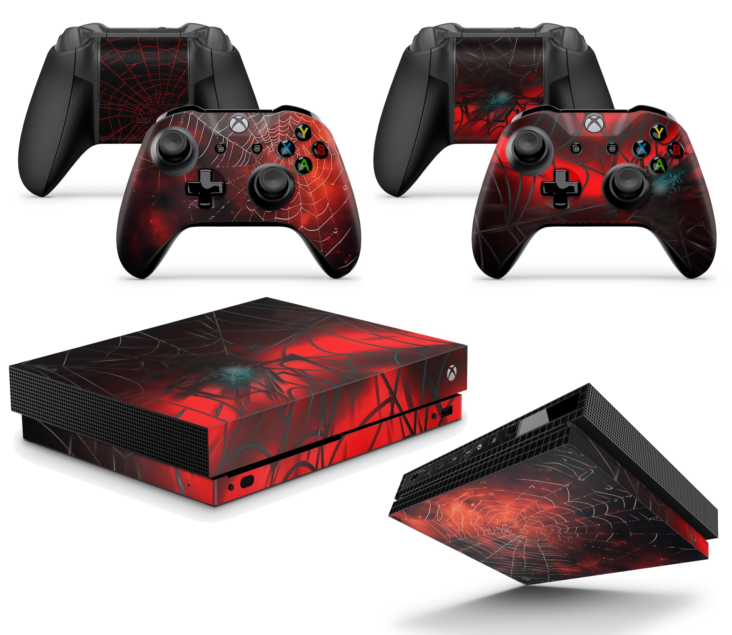 Premium Xbox ONE X Spider Console Skin Decal Sticker Set with 2 Matching Controller Skins - Custom Gaming Console Wrap - Perfect for Gaming Enthusiasts & Spider-Man Fans - Great for Home Entertainment & Game Room Decor