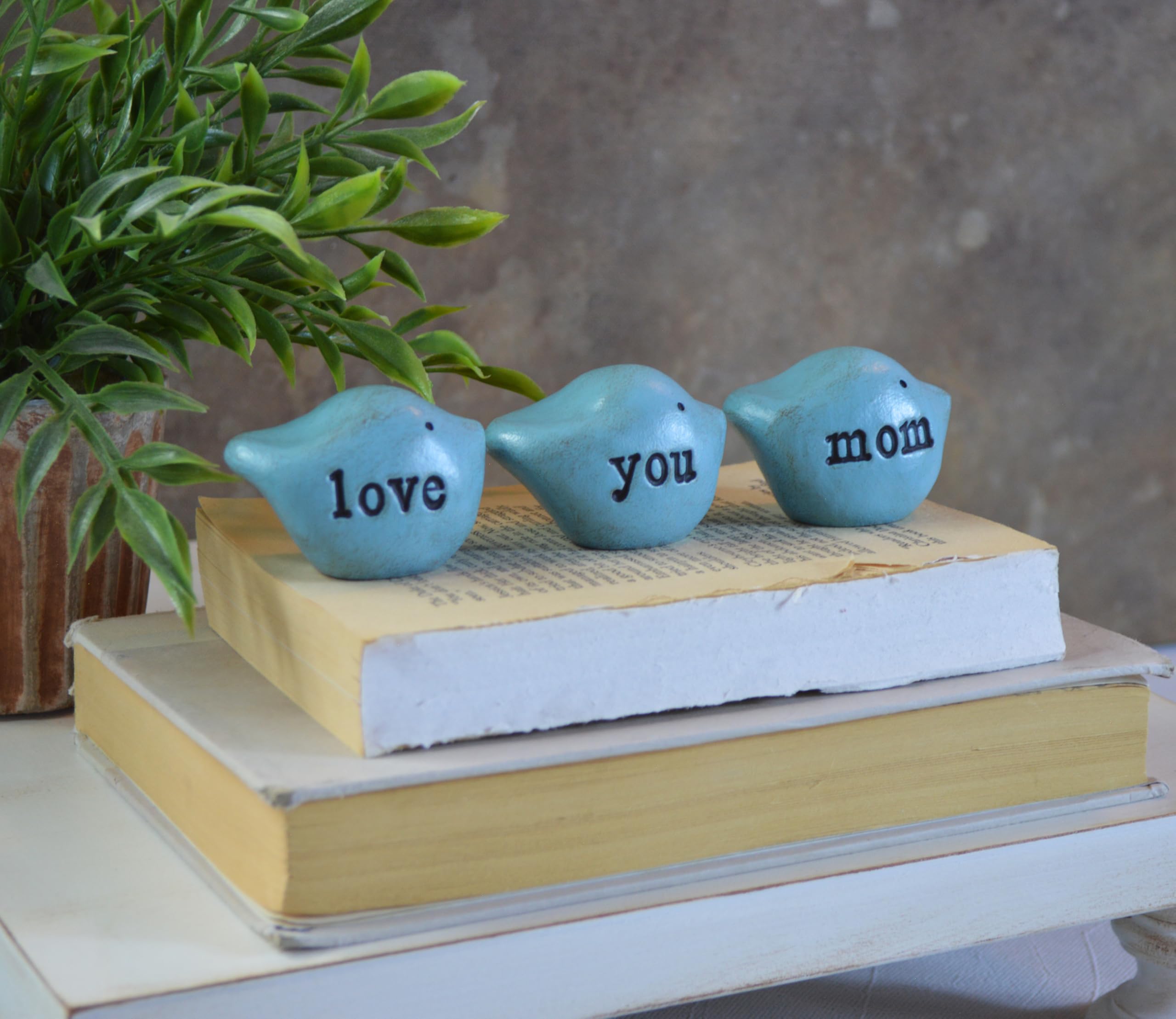 Handmade Clay Birds Gift Set for Mom - Blue 'Love You Mom' Decor - Ready to Ship - Perfect for Mother's Day, Birthday & Home Decoration