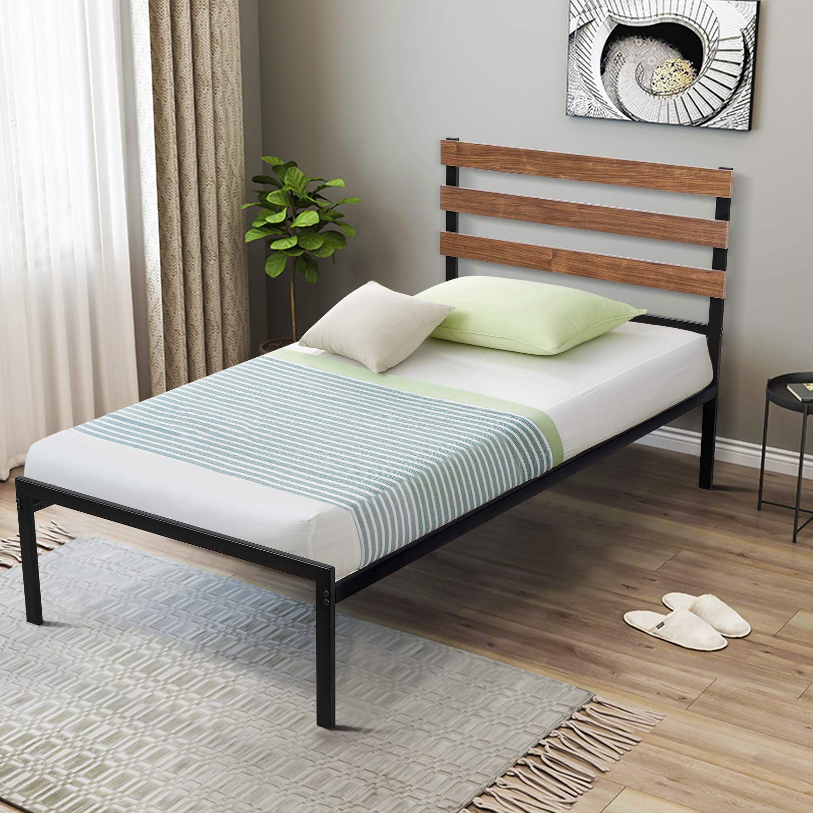 **Giantex Twin Size Metal Bed Frame with Headboard - Heavy Duty Platform Bed, Wooden Slat Support & Under Bed Storage - No Box Spring Needed, Easy Assembly - Perfect for Small Spaces, Kids Rooms & Guest Bedrooms**