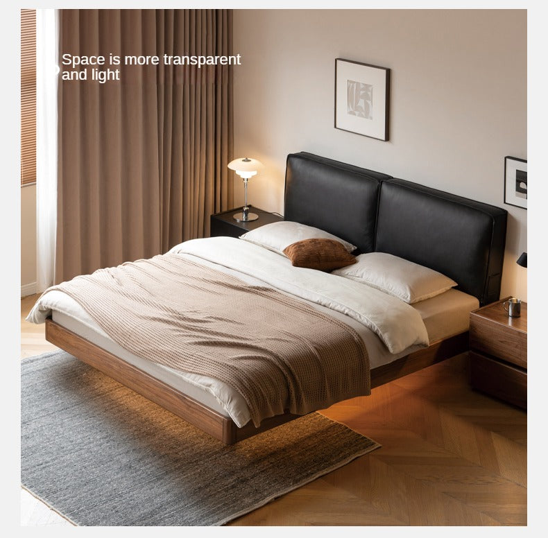 Solid Black Walnut Wood Leather Upholstered Suspended Bed with LED Lighting - Perfect for Modern Bedroom, Guest Room, and Luxury Home Decor
