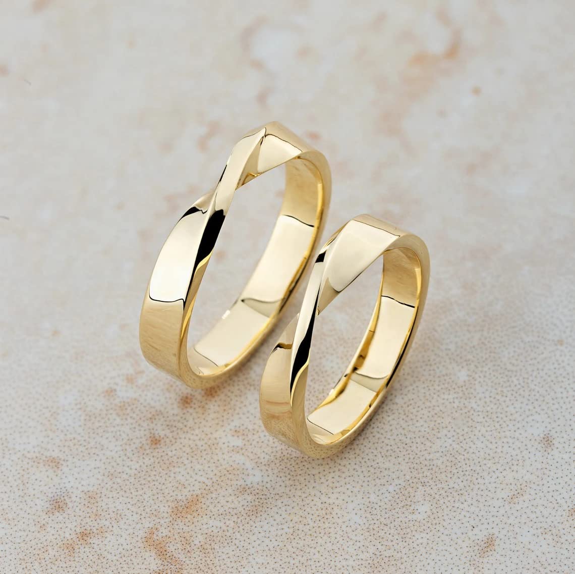 His & Her 4mm Wide Mobius Wedding Band Rings Set - 14K Yellow Gold Plated & 925 Sterling Silver - Handmade Twisted Matching Anniversary Rings - Stackable Bridal Jewelry - Perfect Gift for Couples (Wedding, Anniversary, Engagement, Valentine's Day Gift)