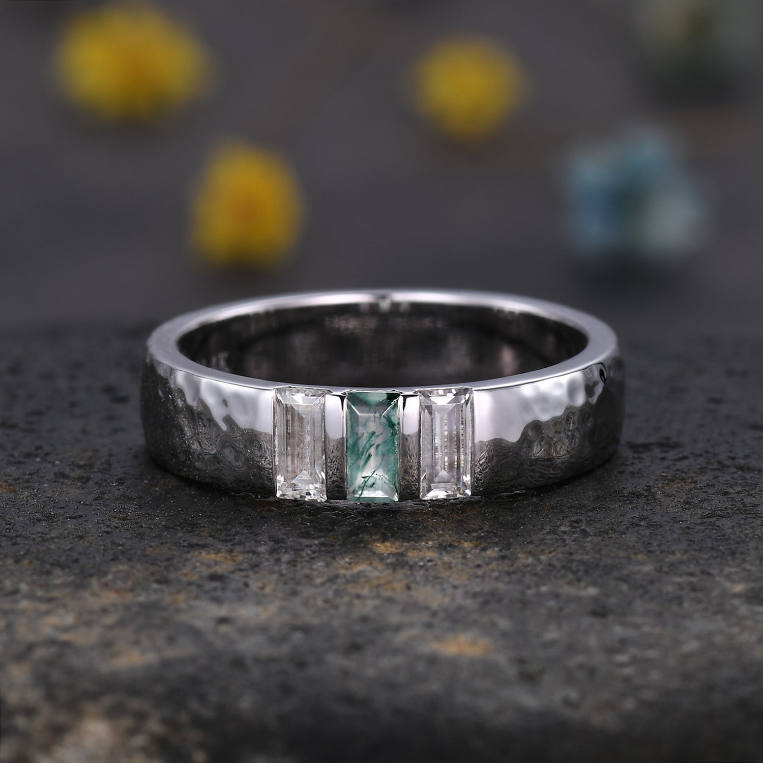 Men's 5mm Hammered White Gold Wedding Band with Three Stones - Perfect for Engagement, Anniversary, and Everyday Wear