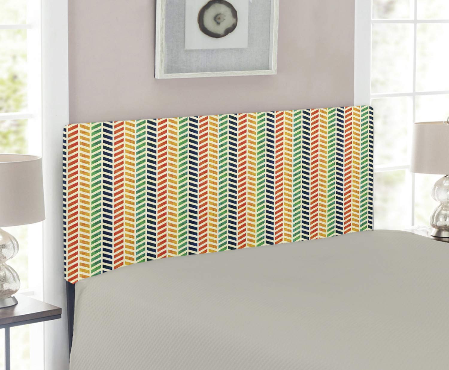 Modern Chevron Style Rainbow Geometric Headboard with Bows Abstract Art Print - Upholstered Decorative Metal Bed Frame with Memory Foam - Twin Size Multicolor - Perfect for Kids' Rooms, Guest Bedrooms & Contemporary Home Decor