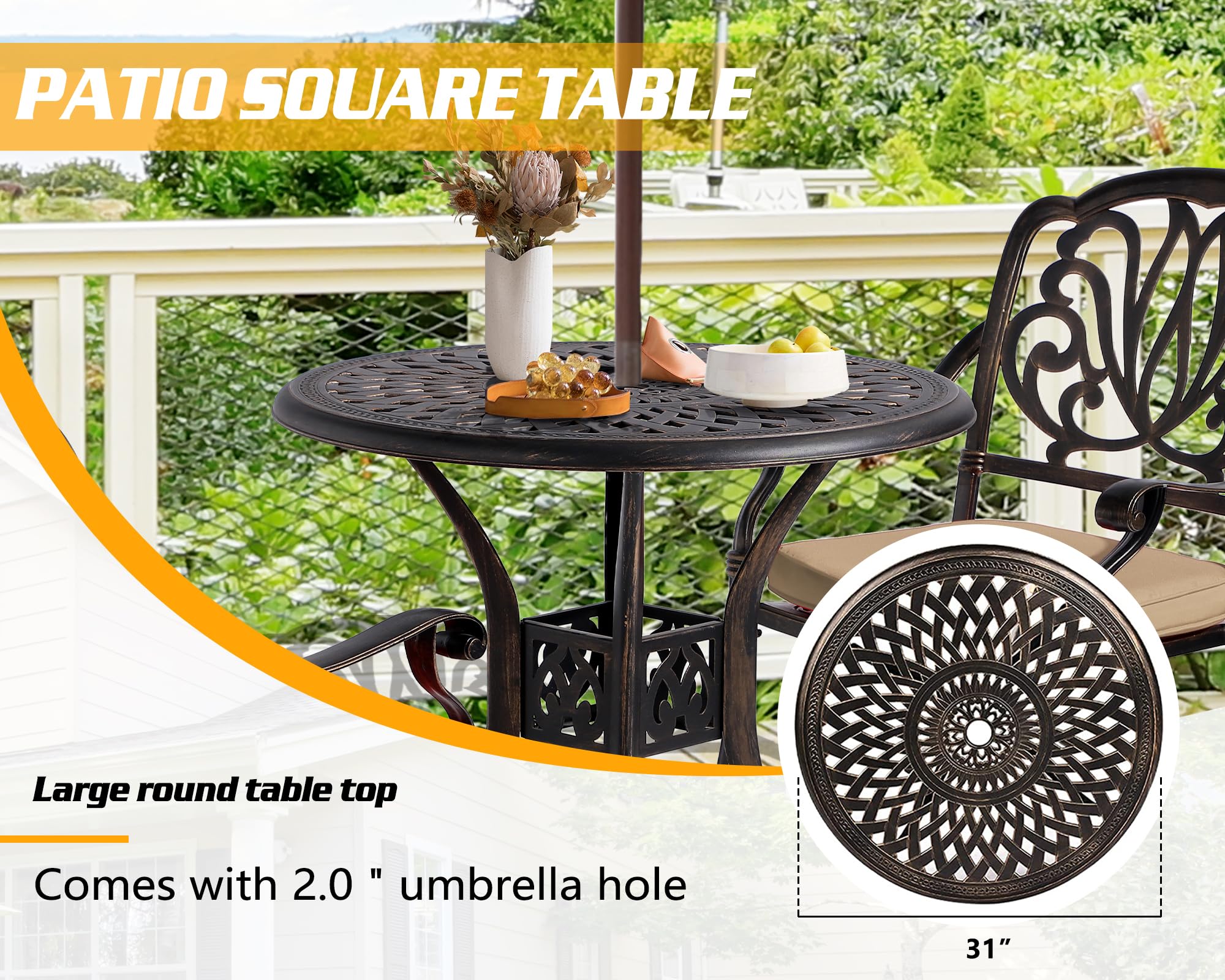 TITIMO 3-Piece Cast Aluminum Patio Dining Set - Outdoor Bistro Table & Chairs with Cushions, All-Weather Garden Furniture with Umbrella Hole for Backyard, Deck, Poolside (Khaki) - Perfect for Outdoor Entertaining & Relaxation