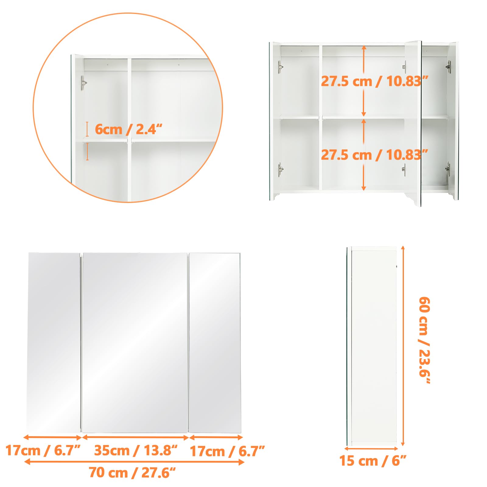 DICTAC 3-Door Medicine Cabinet with Mirror - 27.6x23.62 Inch Bathroom Wall Storage Organizer, Adjustable Shelves, White - Perfect for Bathroom, Bedroom & Vanity Organization