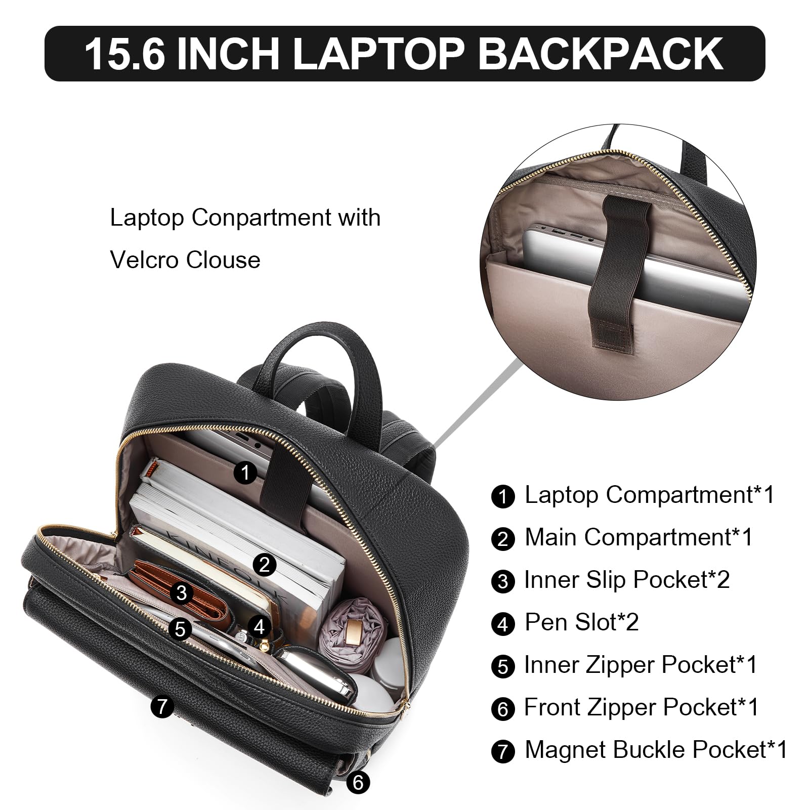 BOSTANTEN Genuine Leather Backpack for Women - 15.6 Inch Laptop Bag, Stylish Business Travel Backpack with Trolley Sleeve & USB Charging Port - Perfect for Work, College & Commuting (Black)
