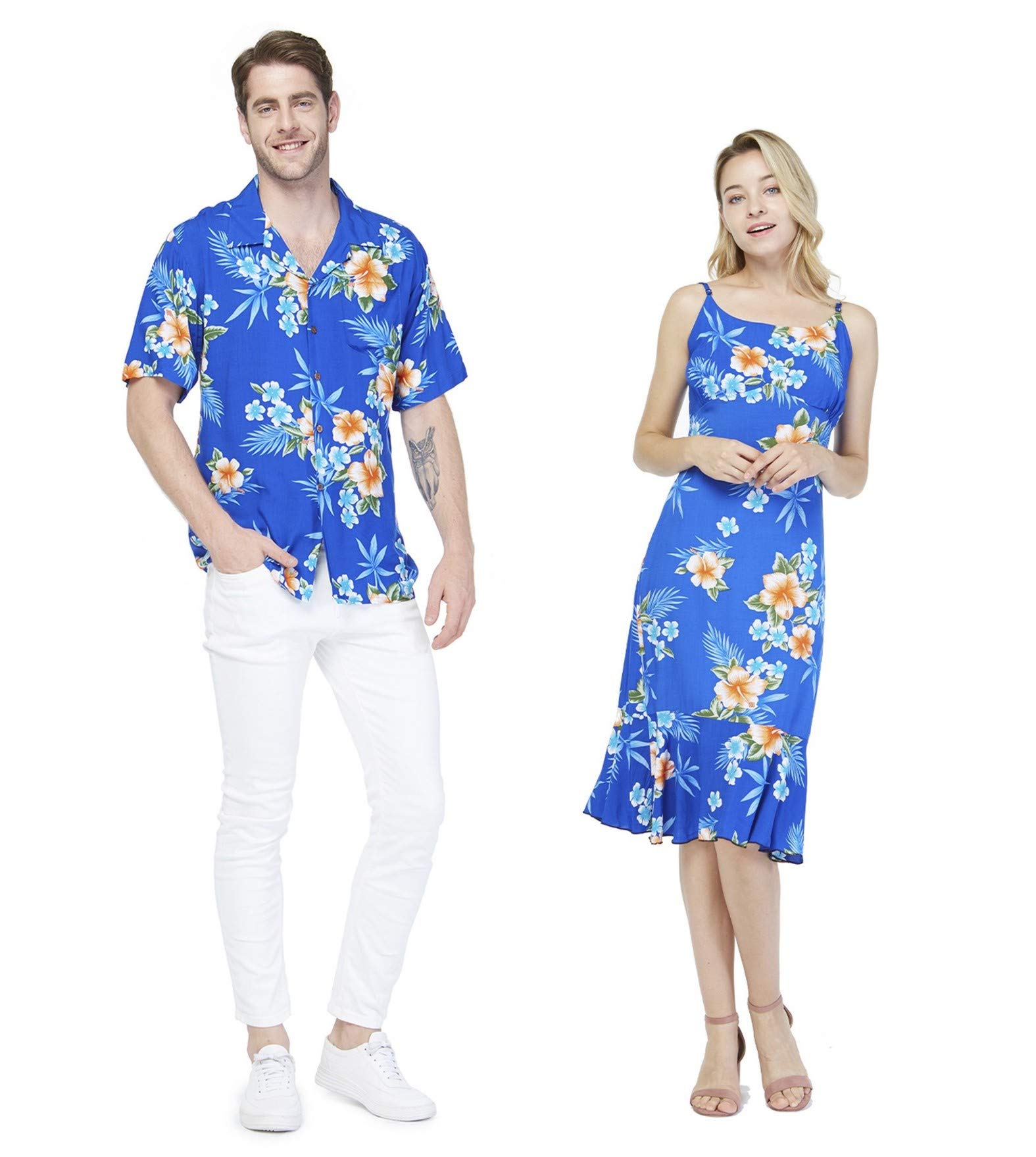 Matching Couple Hawaiian Luau Shirt & Mermaid Dress Set - Sunset Blue Tropical Outfit for Beach Vacation, Summer Party & Honeymoon