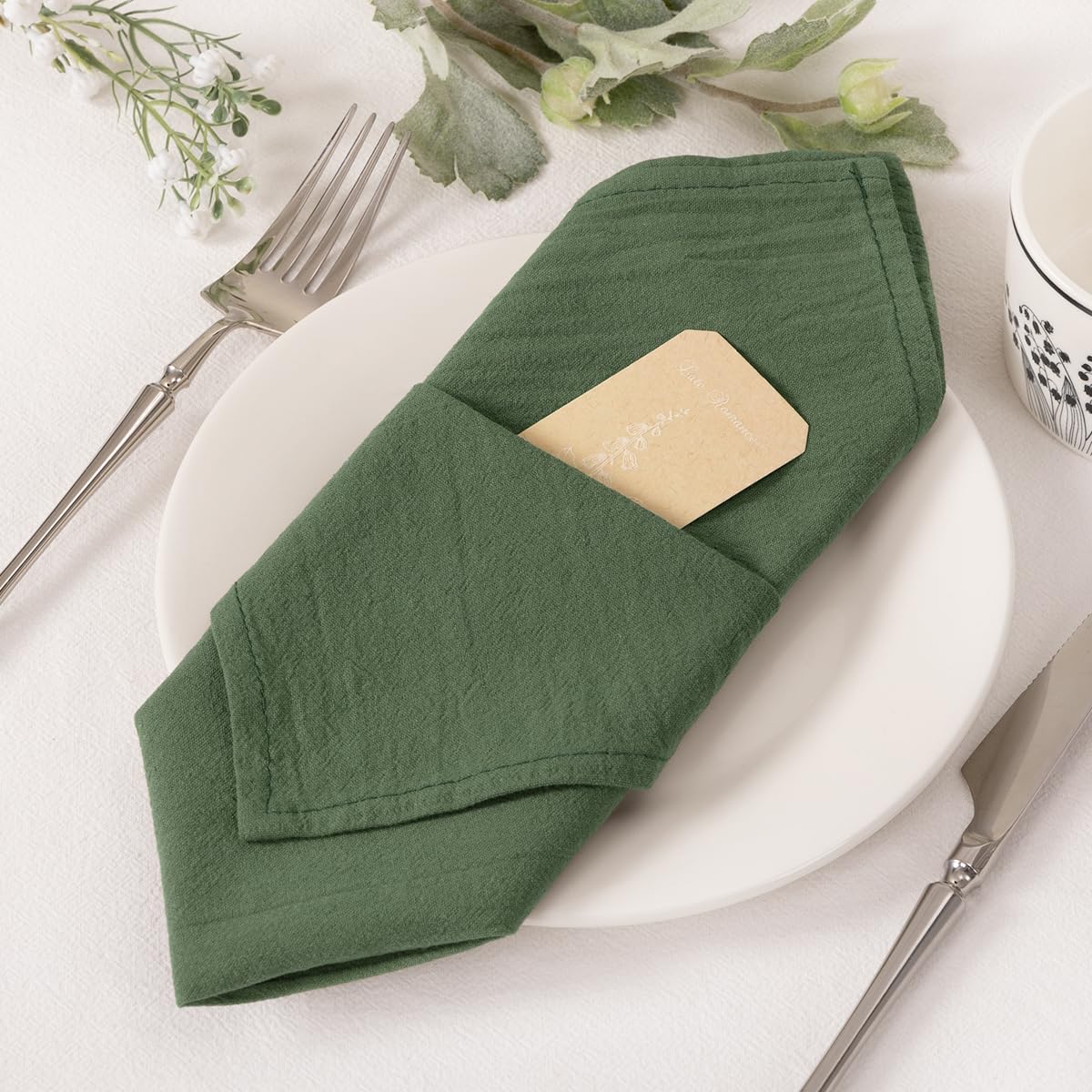 Premium Olive Green Linen Napkins - Set of 4 Washable 17