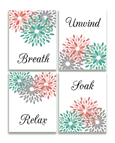 Farmhouse Bathroom Wall Decor Set of 4 - 8x10in Funny Relax Soak Unwind Breathe Signs for Spa, Powder Room & Home Decor - Unframed Rustic Bath Art