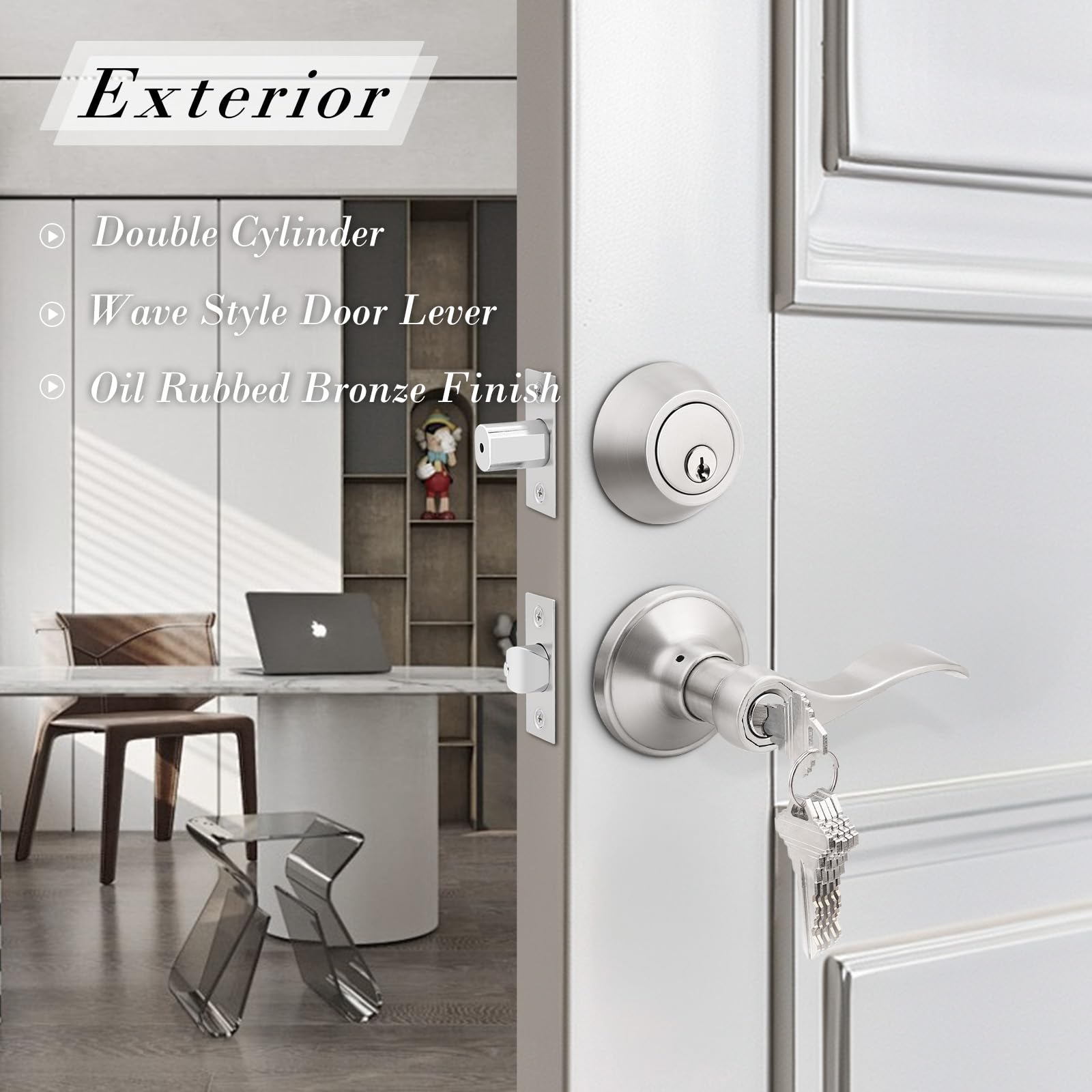 3 Pack Keyed Entry Door Lock Set - Keyed Alike Single Cylinder Deadbolt with Wave Style Handle, Satin Nickel Finish, Reversible Leverset for Home Security | Perfect for Bedroom, Front Door, Office & Apartment Use