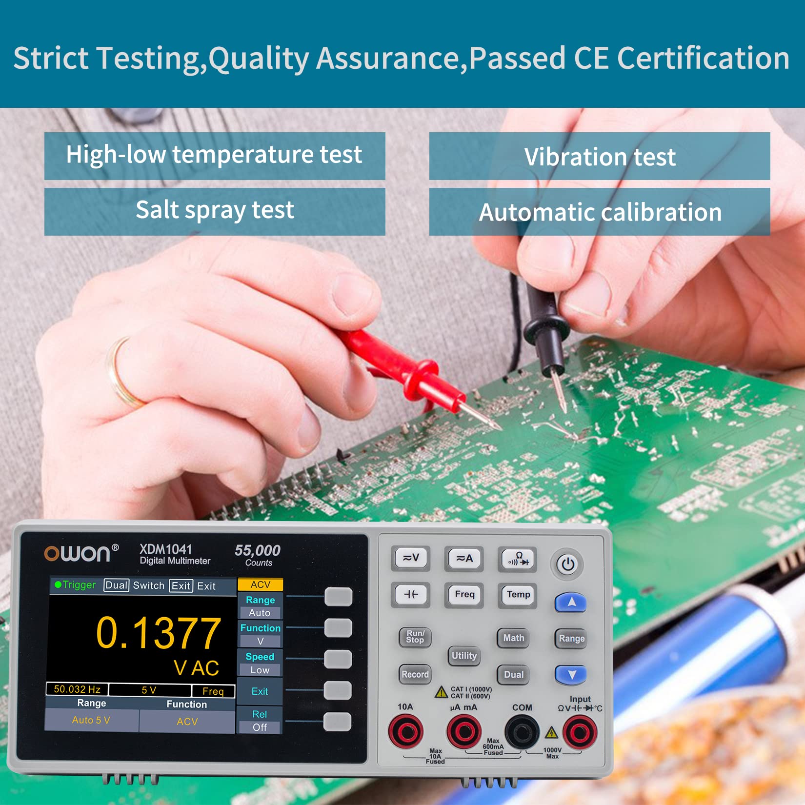 OWON XDM1041 Digital Multimeter - 3.5in LCD Display, 55000 Counts True RMS, Temperature Tester for AC/DC Voltage, Current, Resistance - Perfect for Electronics Repair, Lab Testing & Industrial Use