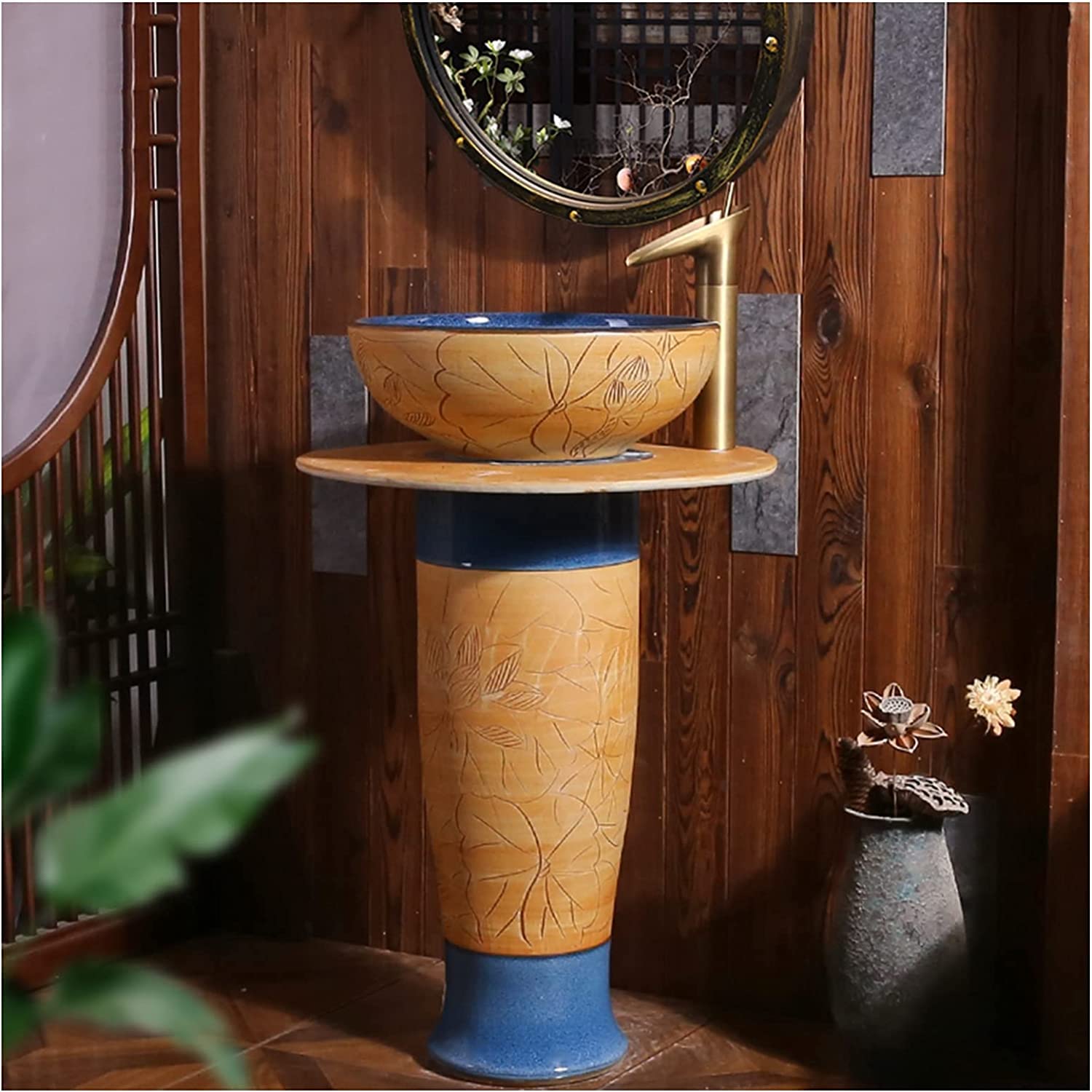 Freestanding Ceramic Pedestal Sink - Modern Rounded Basin Bathroom Sink with Drain Faucet for Hotels, Homes & Restaurants | Indoor & Outdoor Use (Style A, No Mirror Included) | Perfect for Guest Bathrooms, Powder Rooms & Luxury Spaces