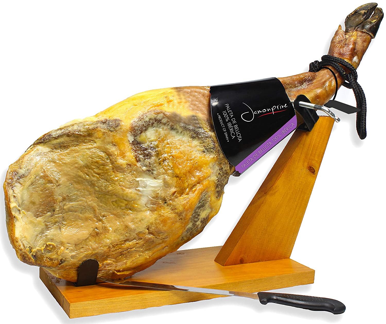Premium Iberico Acorn-Fed Bellota Ham Shoulder Bone-In from Spain - 100% Pure Breed Pata Negra - Gluten Free (Includes Ham Stand & Knife) - Perfect for Charcuterie Boards, Gourmet Gifts & Spanish Cuisine