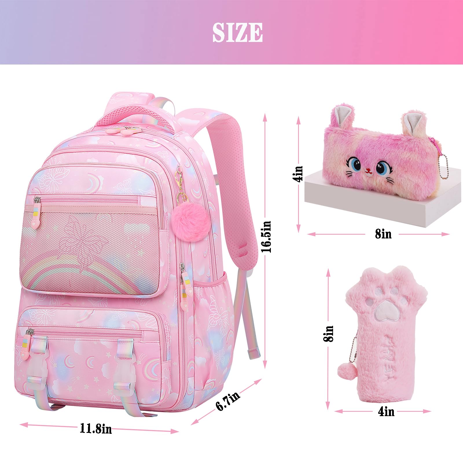 3pcs Girls Backpack Set - Cute Rainbow School Backpack for Kids with Matching Pencil Case (Pink) | Lightweight Durable Backpacks for School, Travel & Daily Use